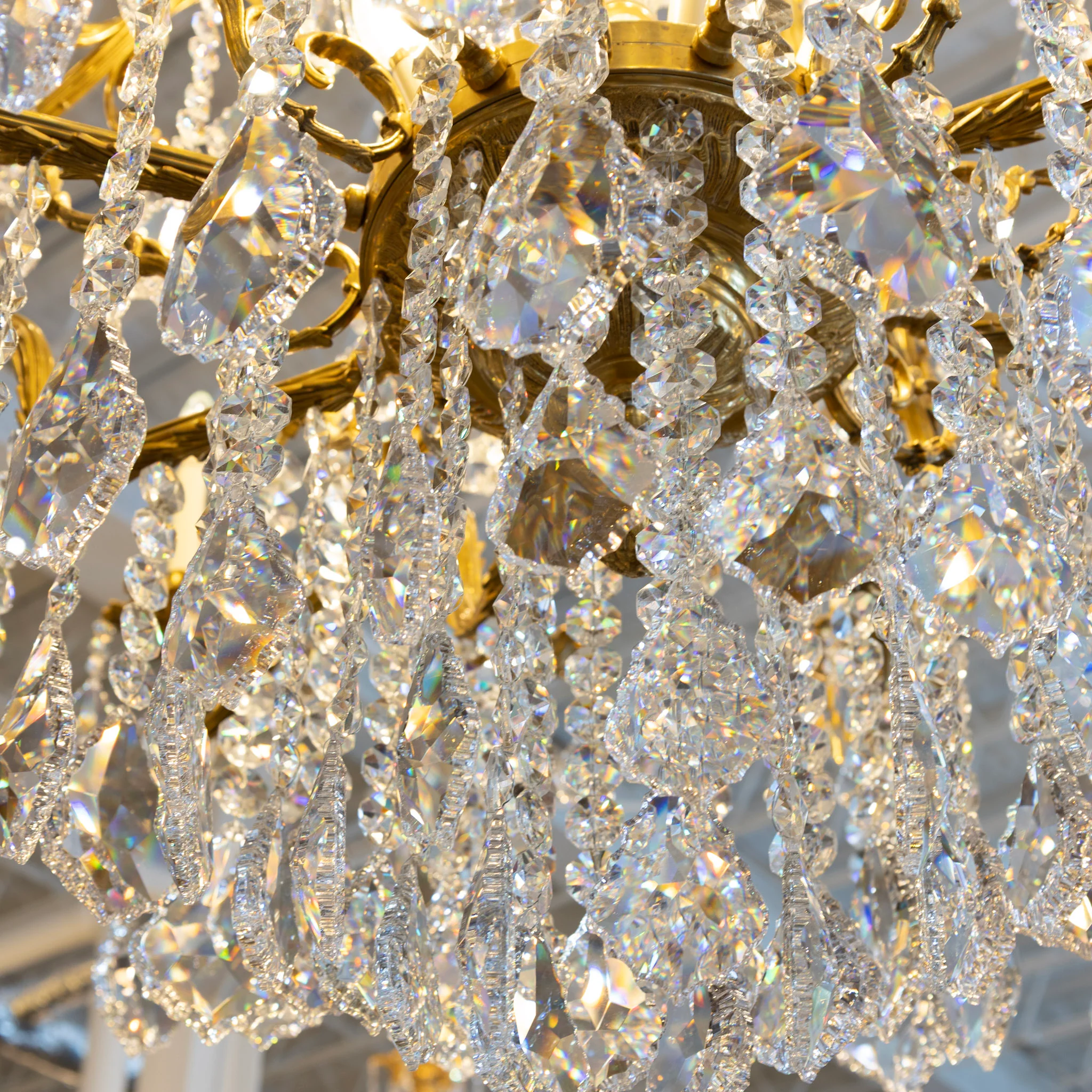 Grand French Empire Candelabra Chandelier – Brass Leaf Trim & Crystals Drops - Image 7