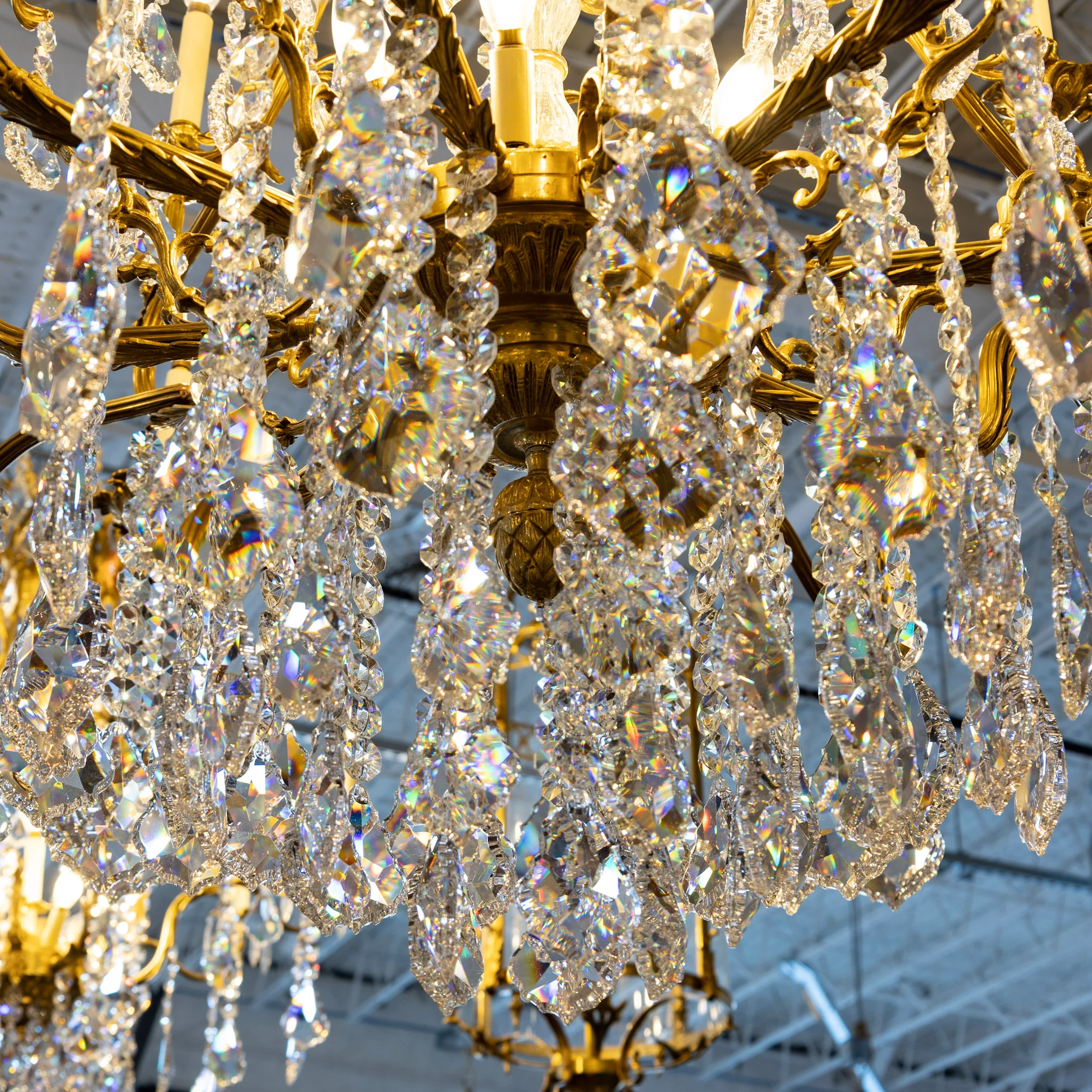 Grand French Empire Candelabra Chandelier – Brass Leaf Trim & Crystals Drops - Image 8