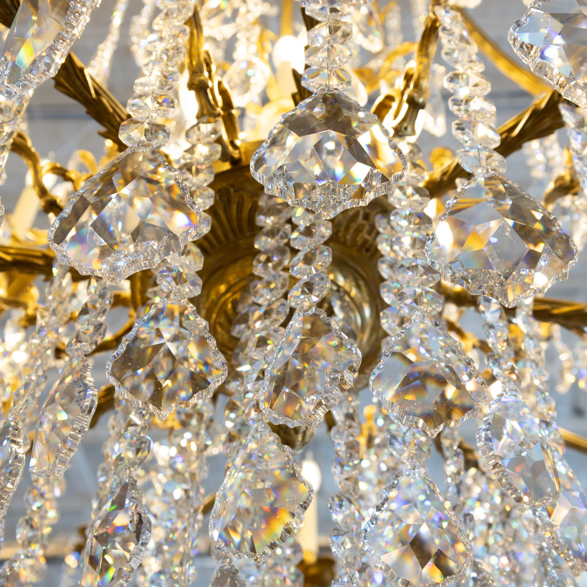 Grand French Empire Candelabra Chandelier – Brass Leaf Trim & Crystals Drops - Image 9