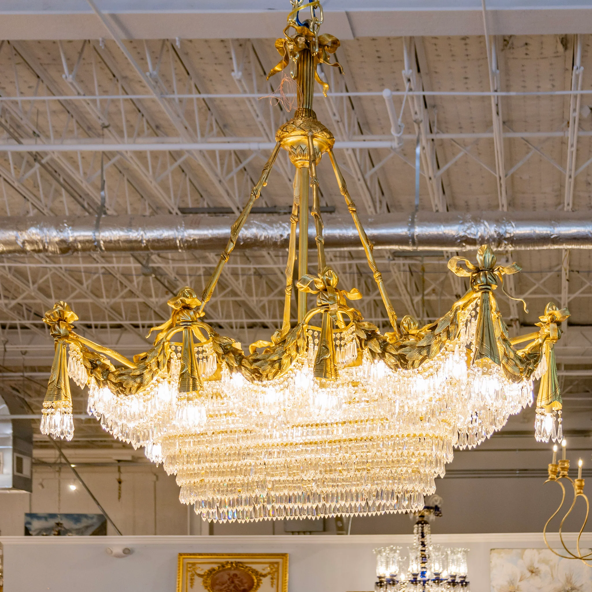Grand French Tiered Rectangular Brass Chandelier – Bow Details & Icicle Drops