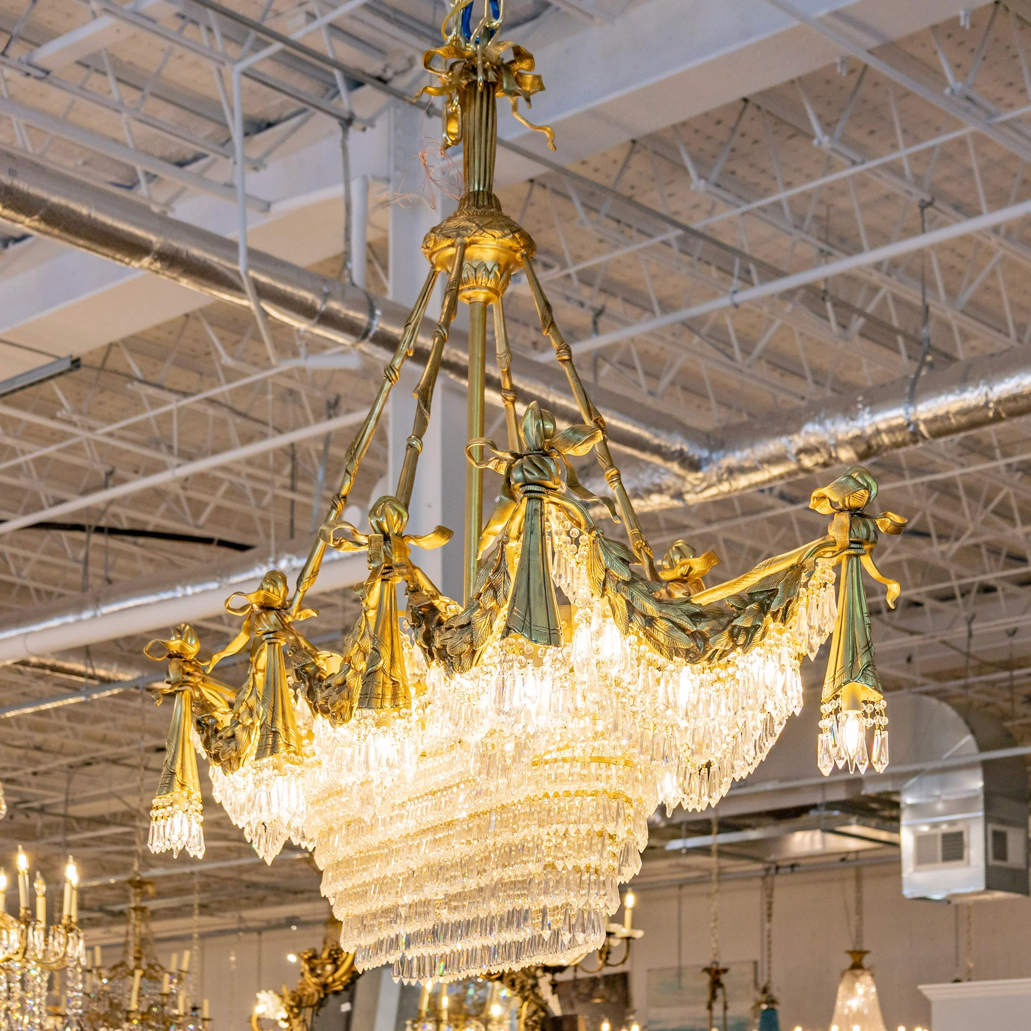 Grand French Tiered Rectangular Brass Chandelier – Bow Details & Icicle Drops - Image 2