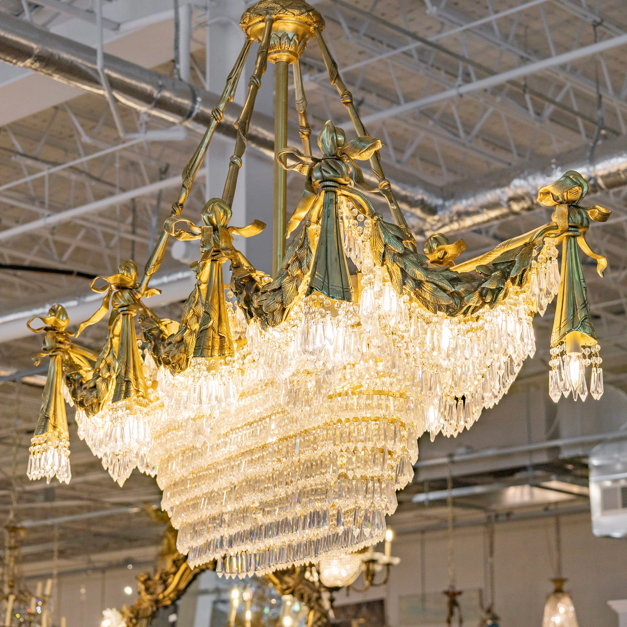 Grand French Tiered Rectangular Brass Chandelier – Bow Details & Icicle Drops - Image 3
