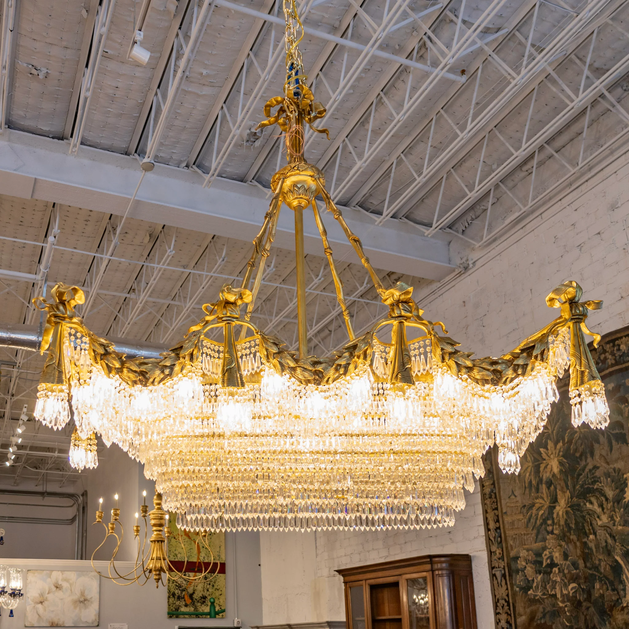 Grand French Tiered Rectangular Brass Chandelier – Bow Details & Icicle Drops - Image 4