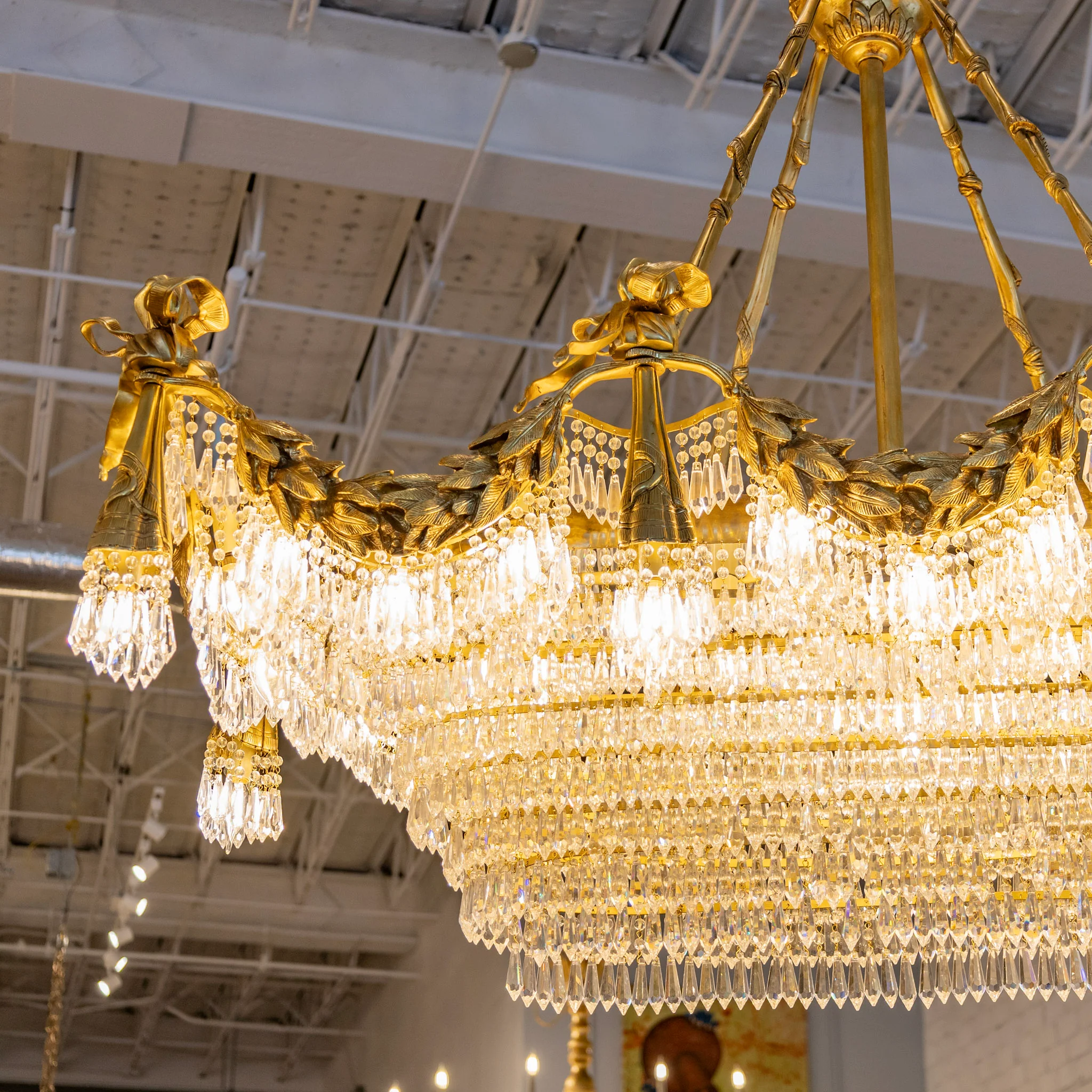 Grand French Tiered Rectangular Brass Chandelier – Bow Details & Icicle Drops - Image 5