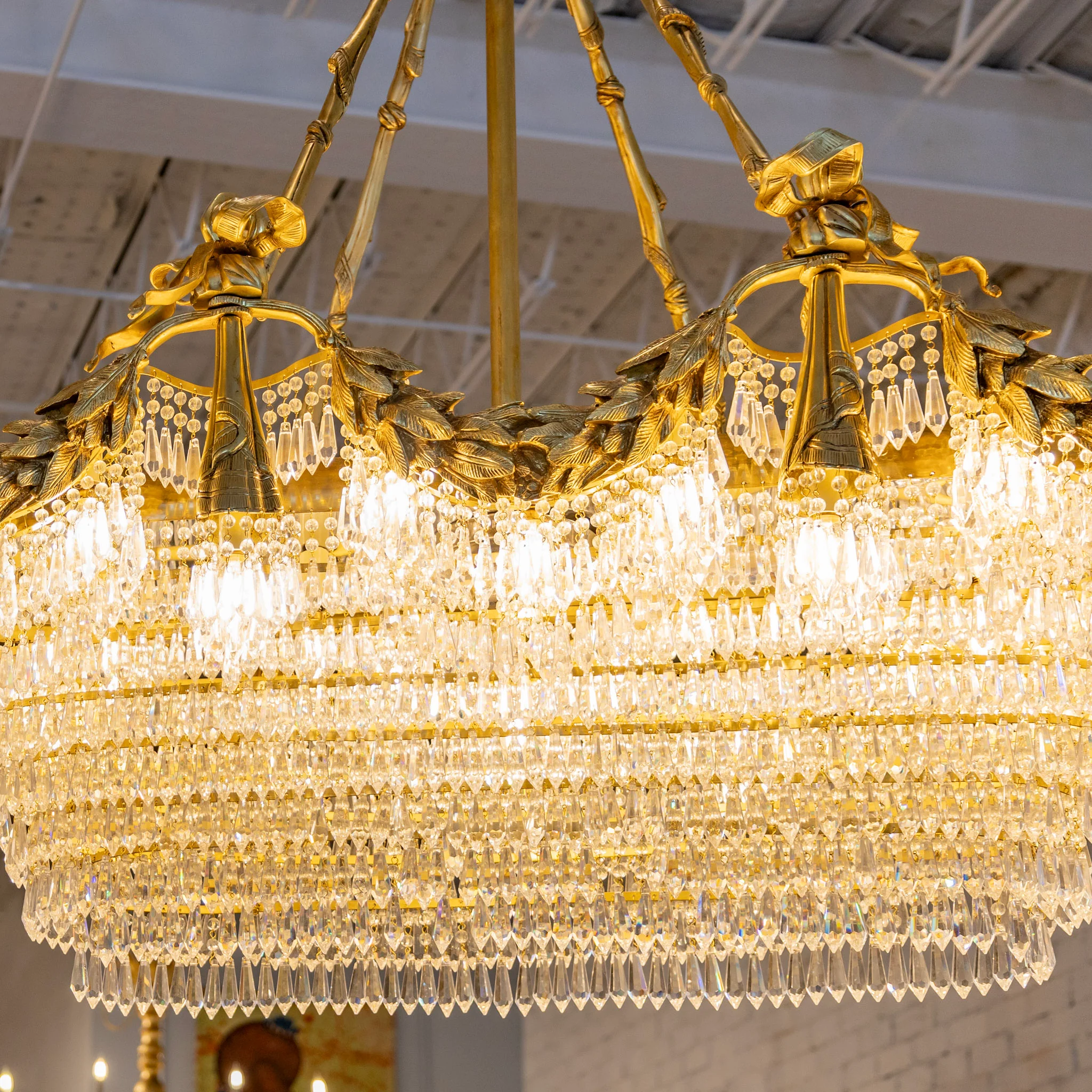 Grand French Tiered Rectangular Brass Chandelier – Bow Details & Icicle Drops - Image 6