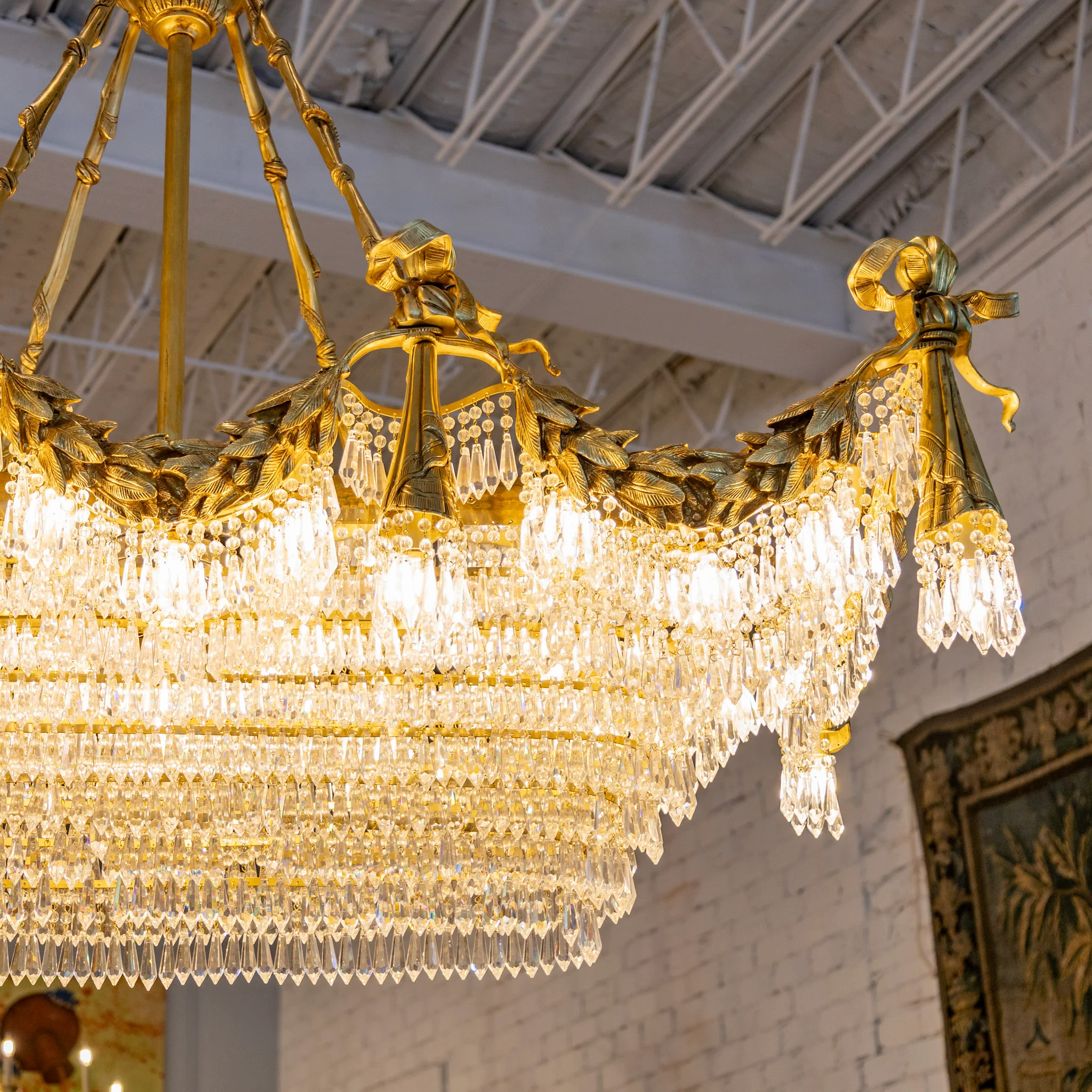 Grand French Tiered Rectangular Brass Chandelier – Bow Details & Icicle Drops - Image 7