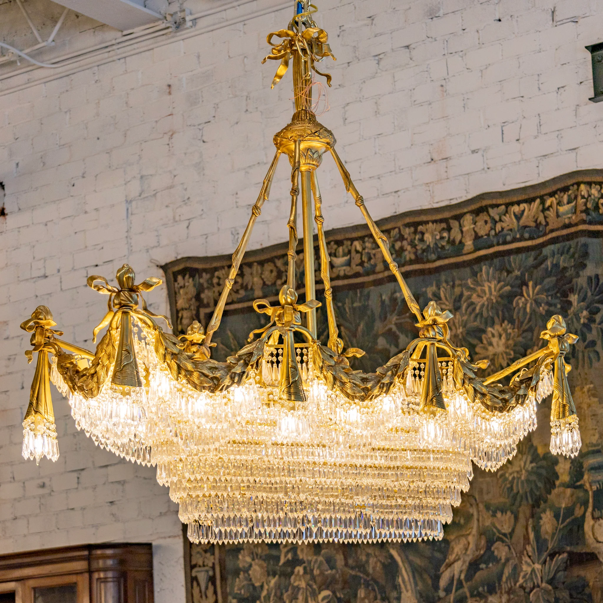 Grand French Tiered Rectangular Brass Chandelier – Bow Details & Icicle Drops - Image 8