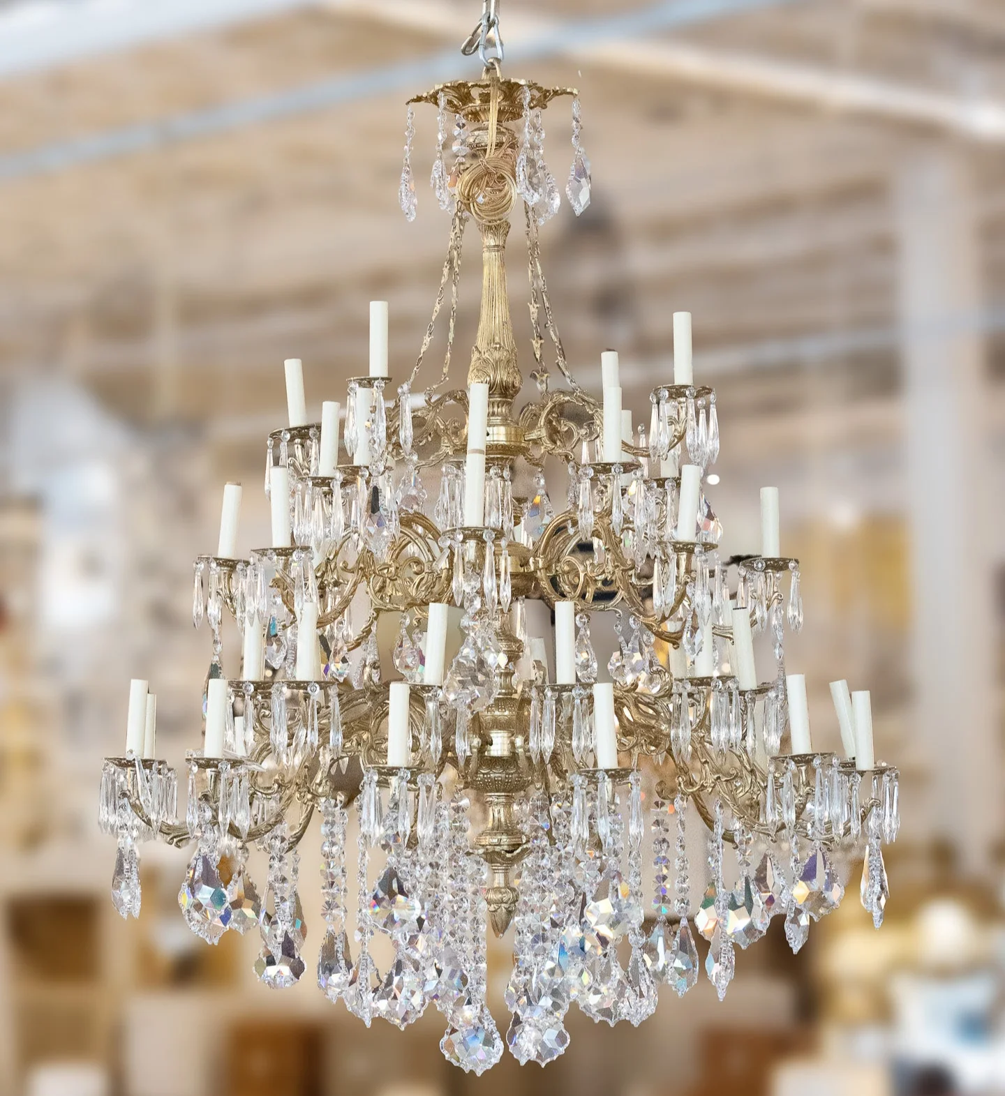 French Brass Candelabra Chandelier – Muted Gold Frame & Crystal Drops