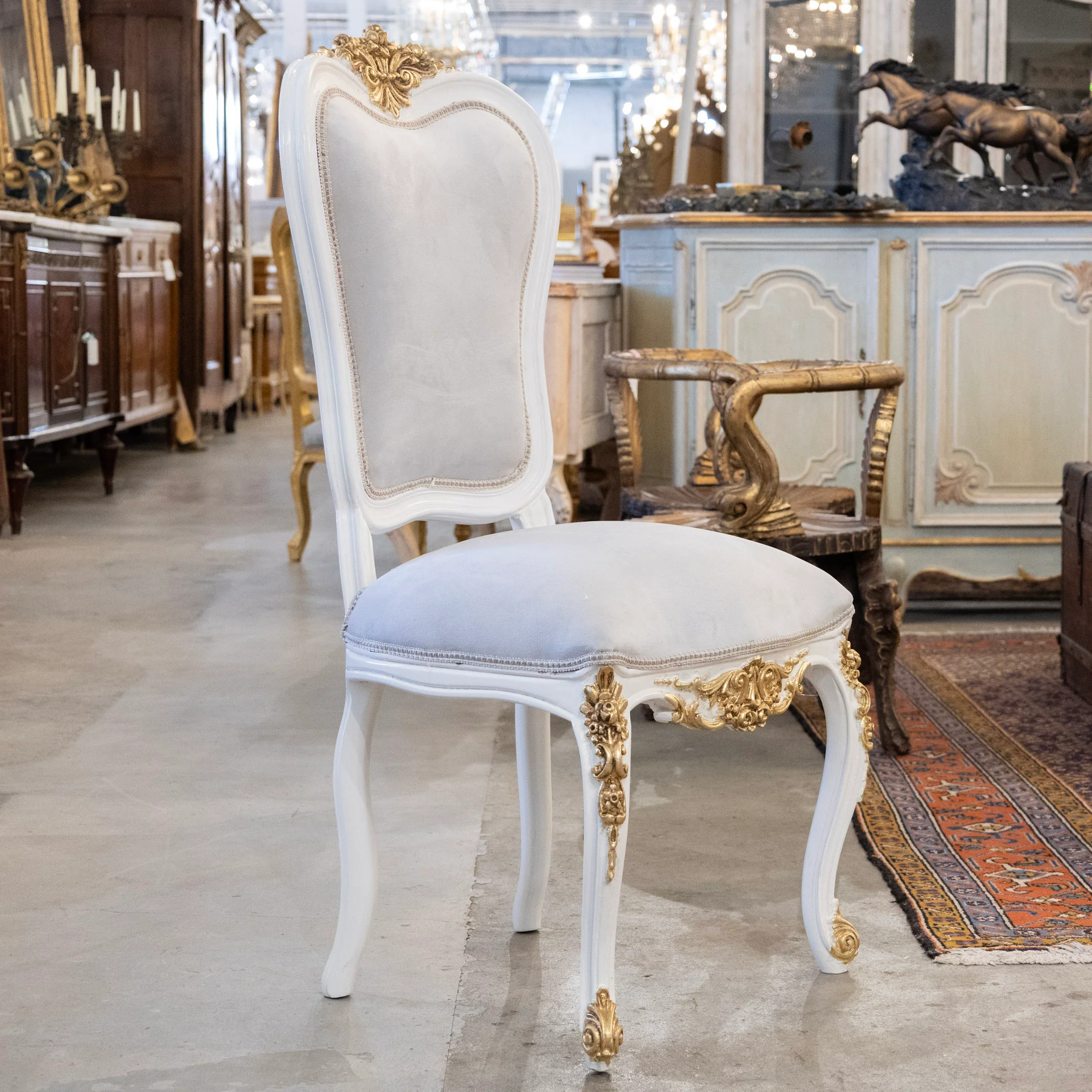Grand Louis XV Style White & Gold Round Dining Chair – Grey Velvet Upholstery - Image 2