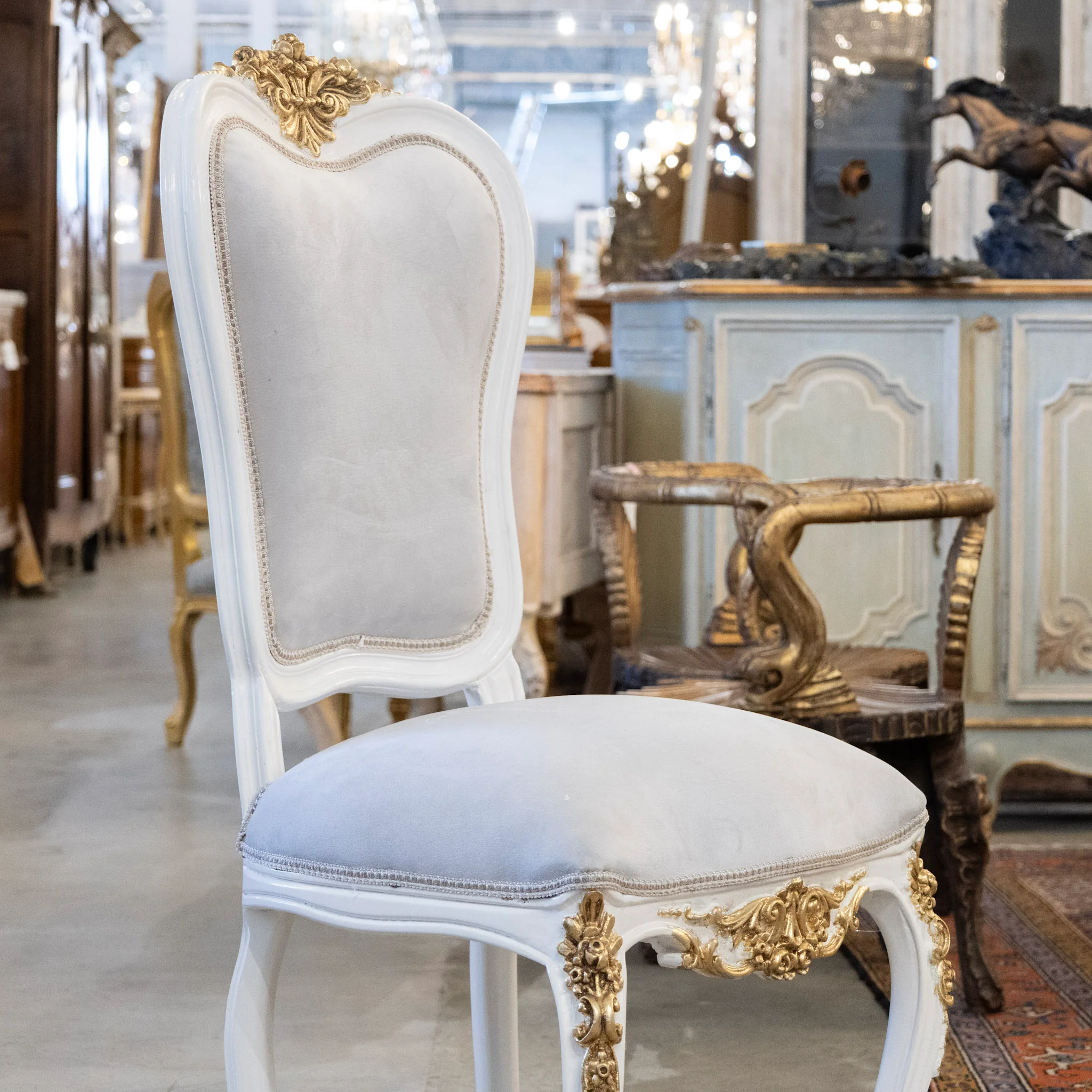 Grand Louis XV Style White & Gold Round Dining Chair – Grey Velvet Upholstery - Image 6