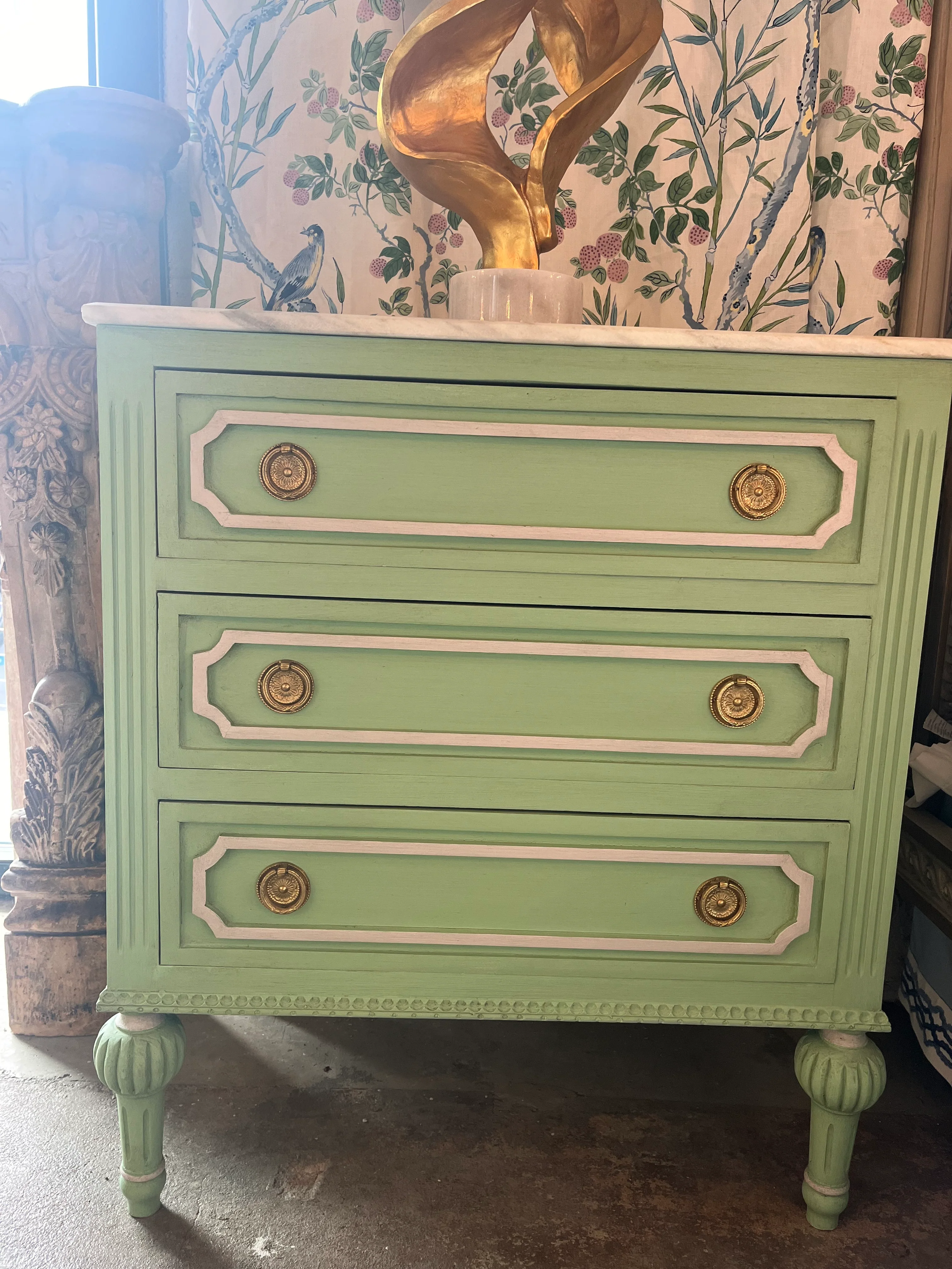 Green Swedish Nightstand with Open Trim and Marble Top - Image 2