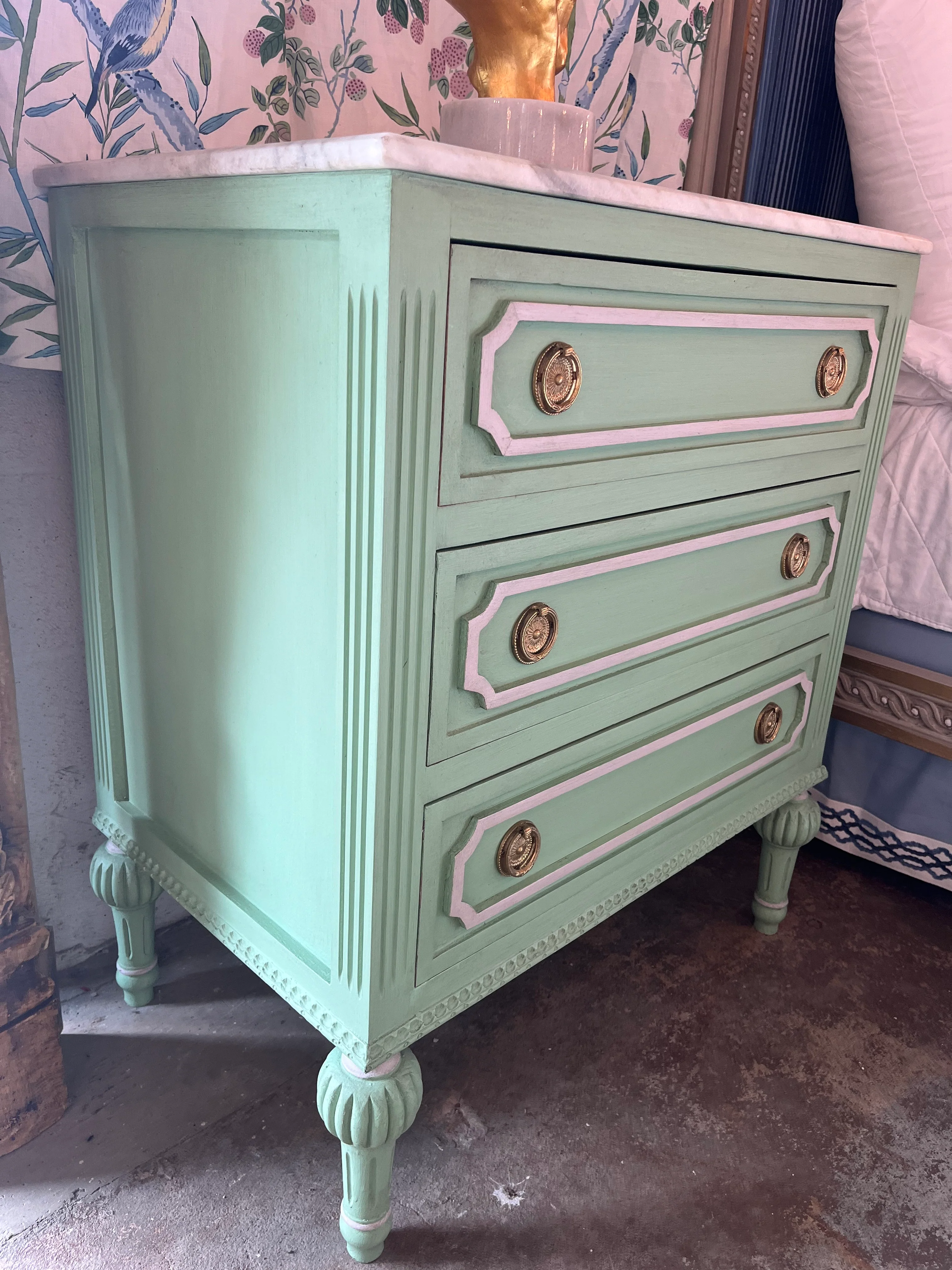 Green Swedish Nightstand with Open Trim and Marble Top - Image 3