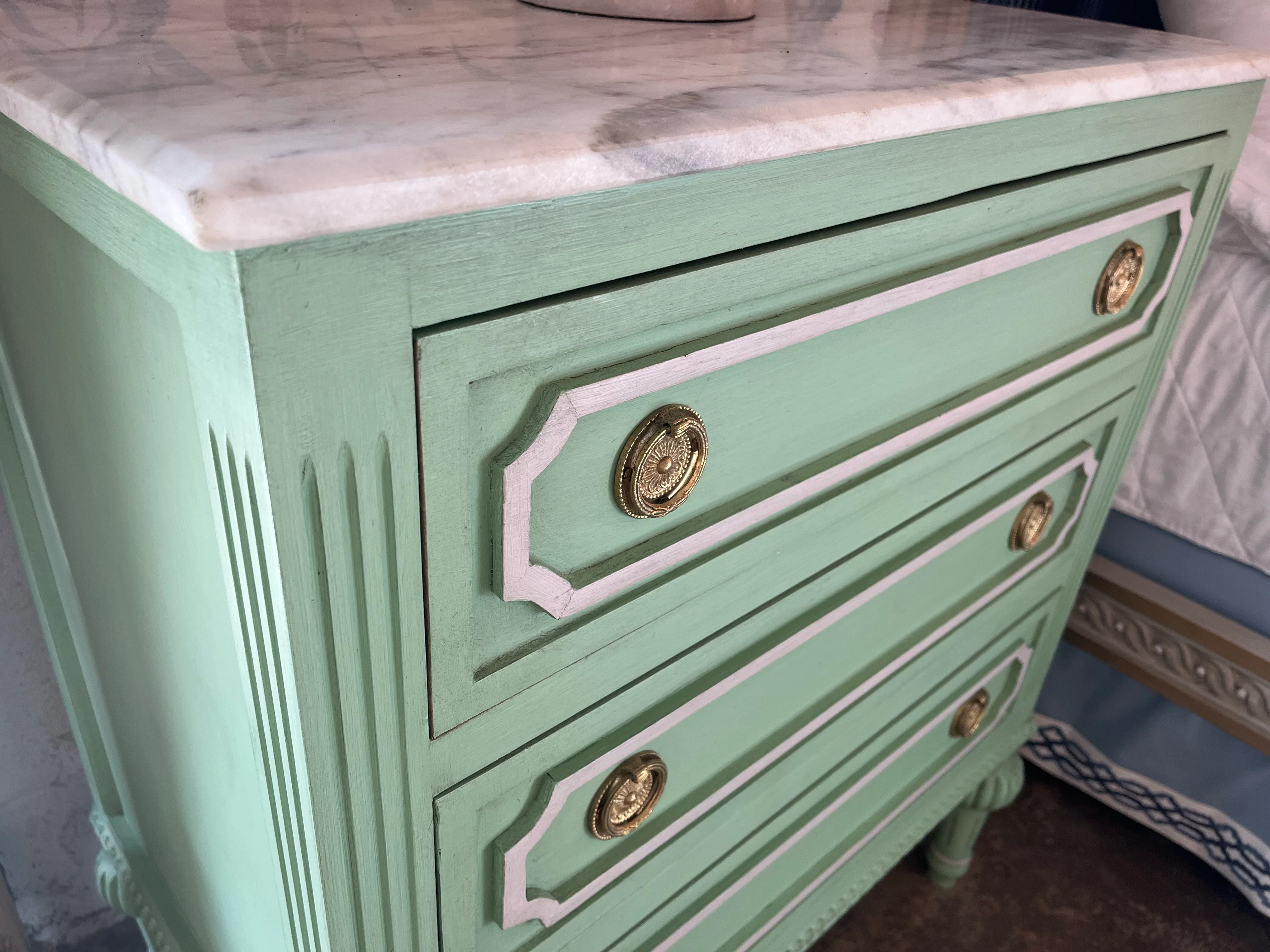 Green Swedish Nightstand with Open Trim and Marble Top - Image 4