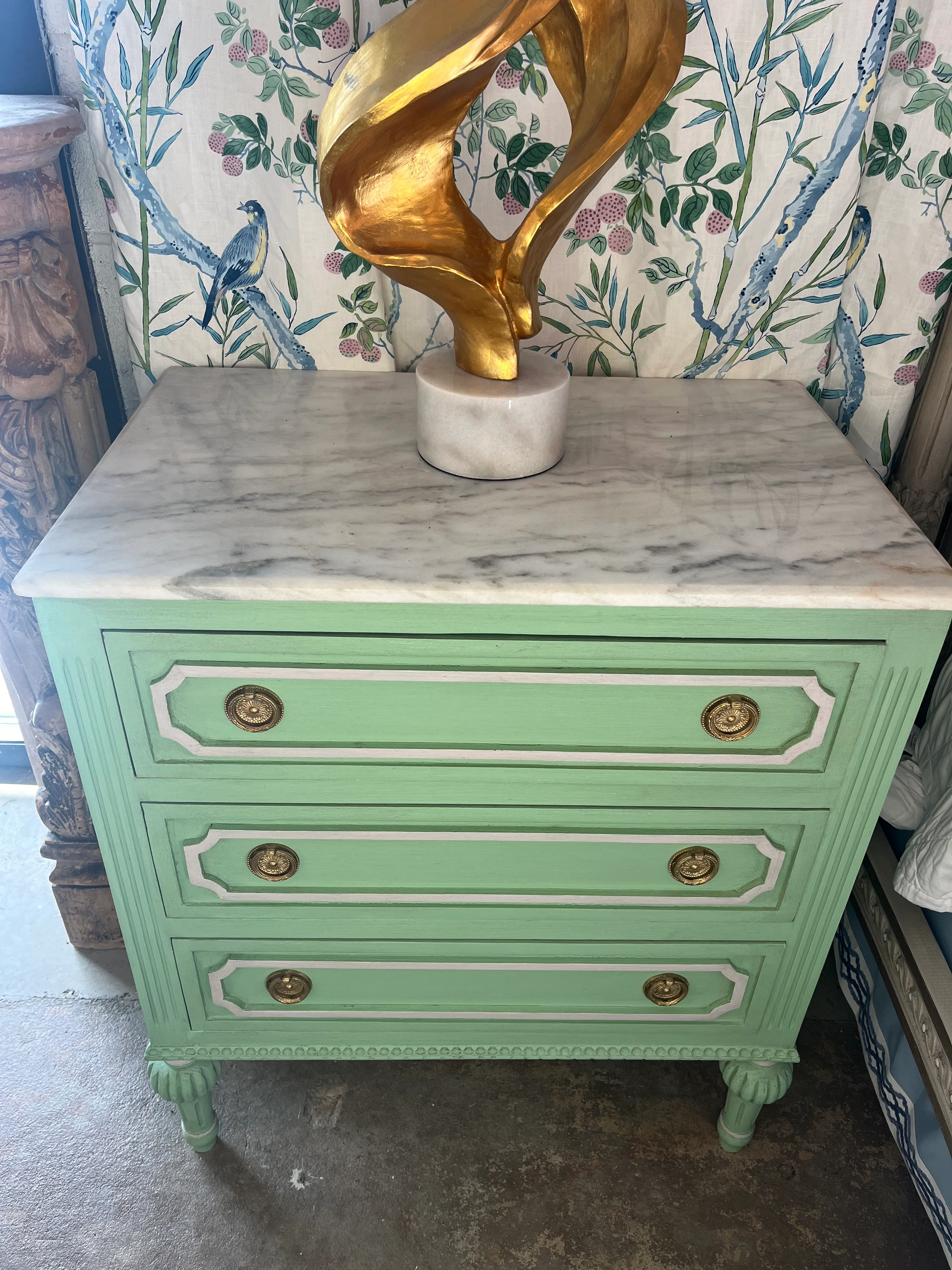 Green Swedish Nightstand with Open Trim and Marble Top - Image 5