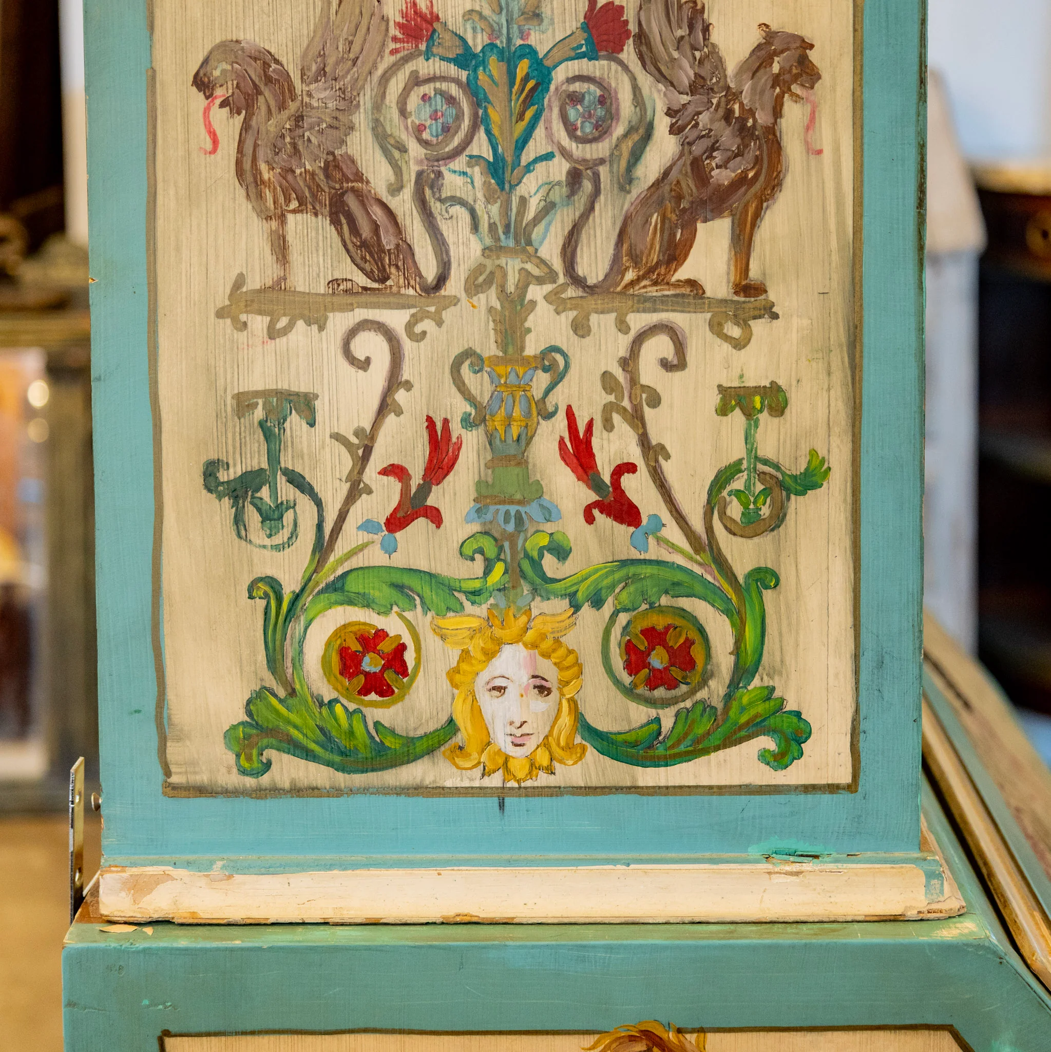 Gustavian Secretary Desk – Turquoise with Painted Figures - Image 15
