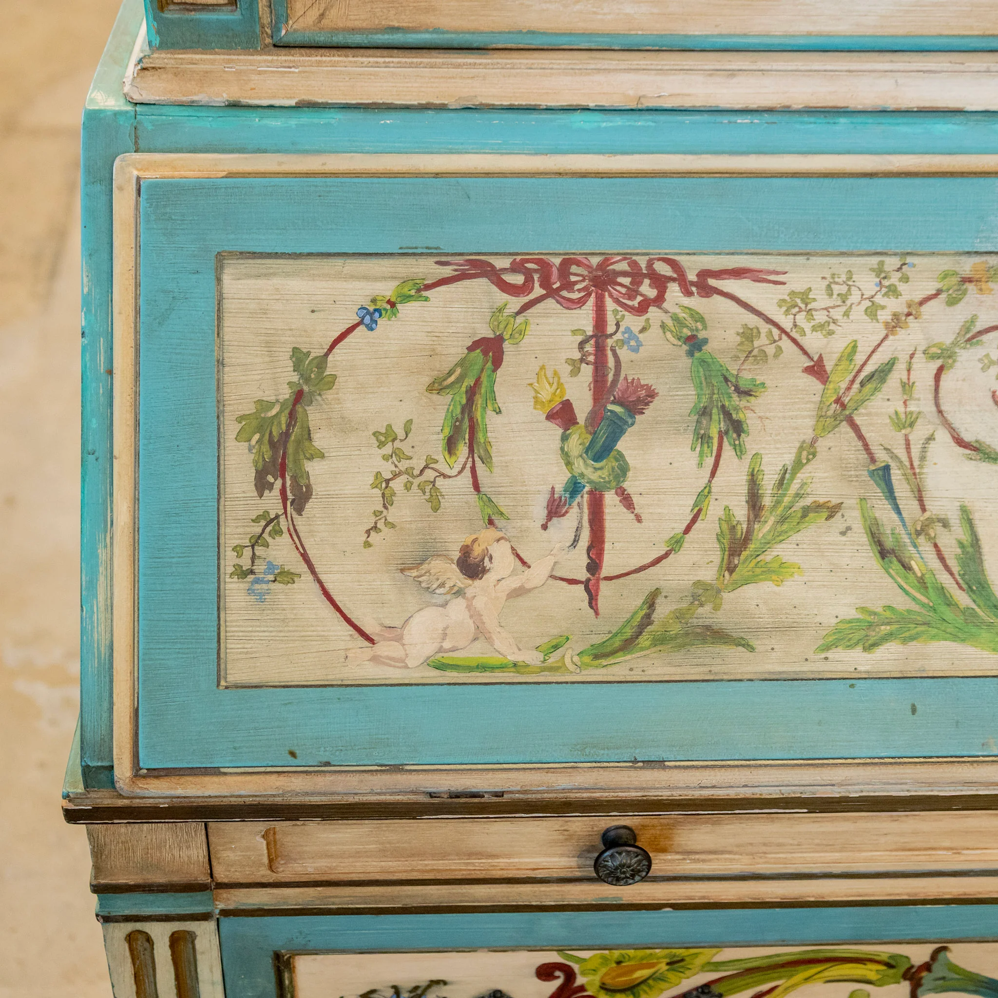 Gustavian Secretary Desk – Turquoise with Painted Figures - Image 17