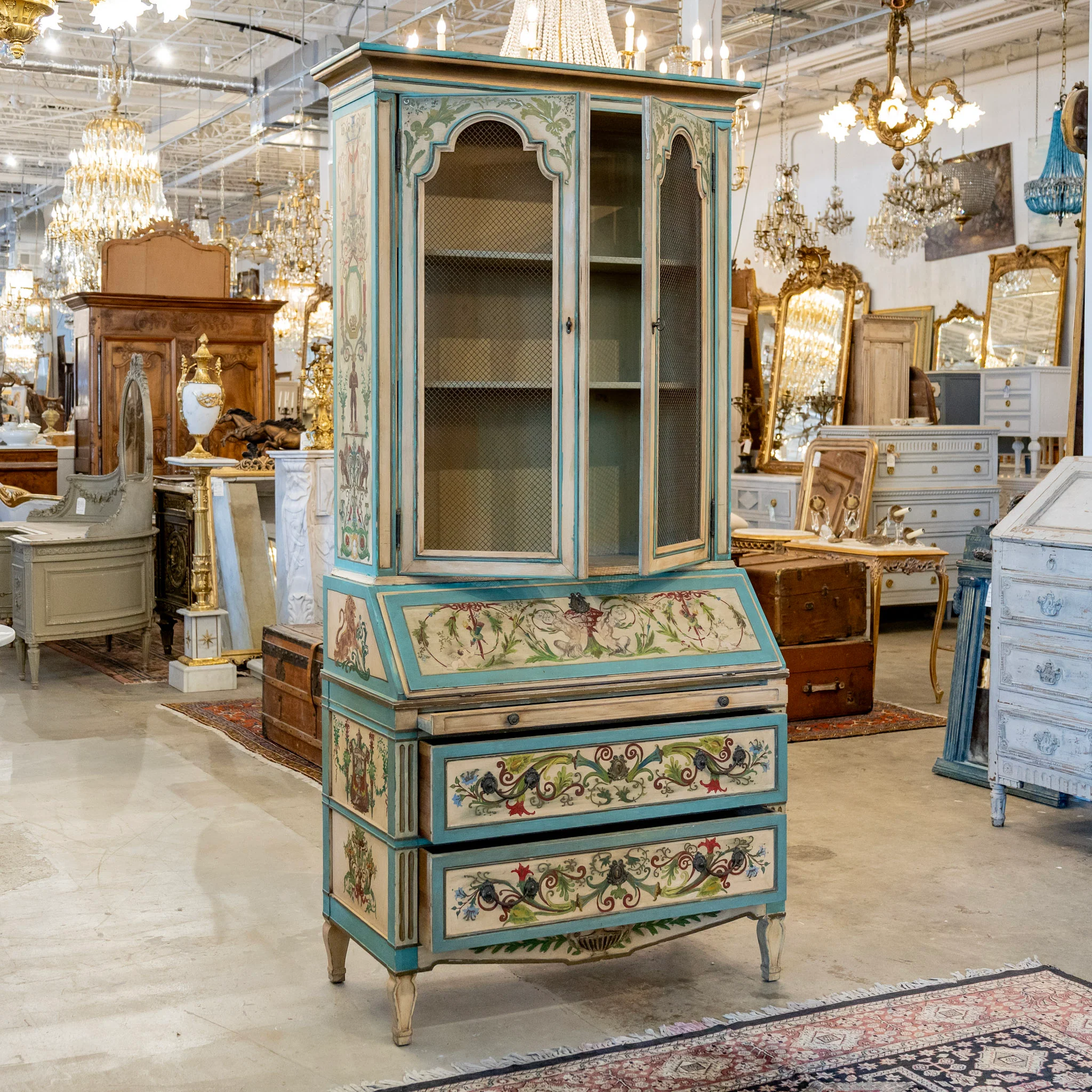 Gustavian Secretary Desk – Turquoise with Painted Figures - Image 3