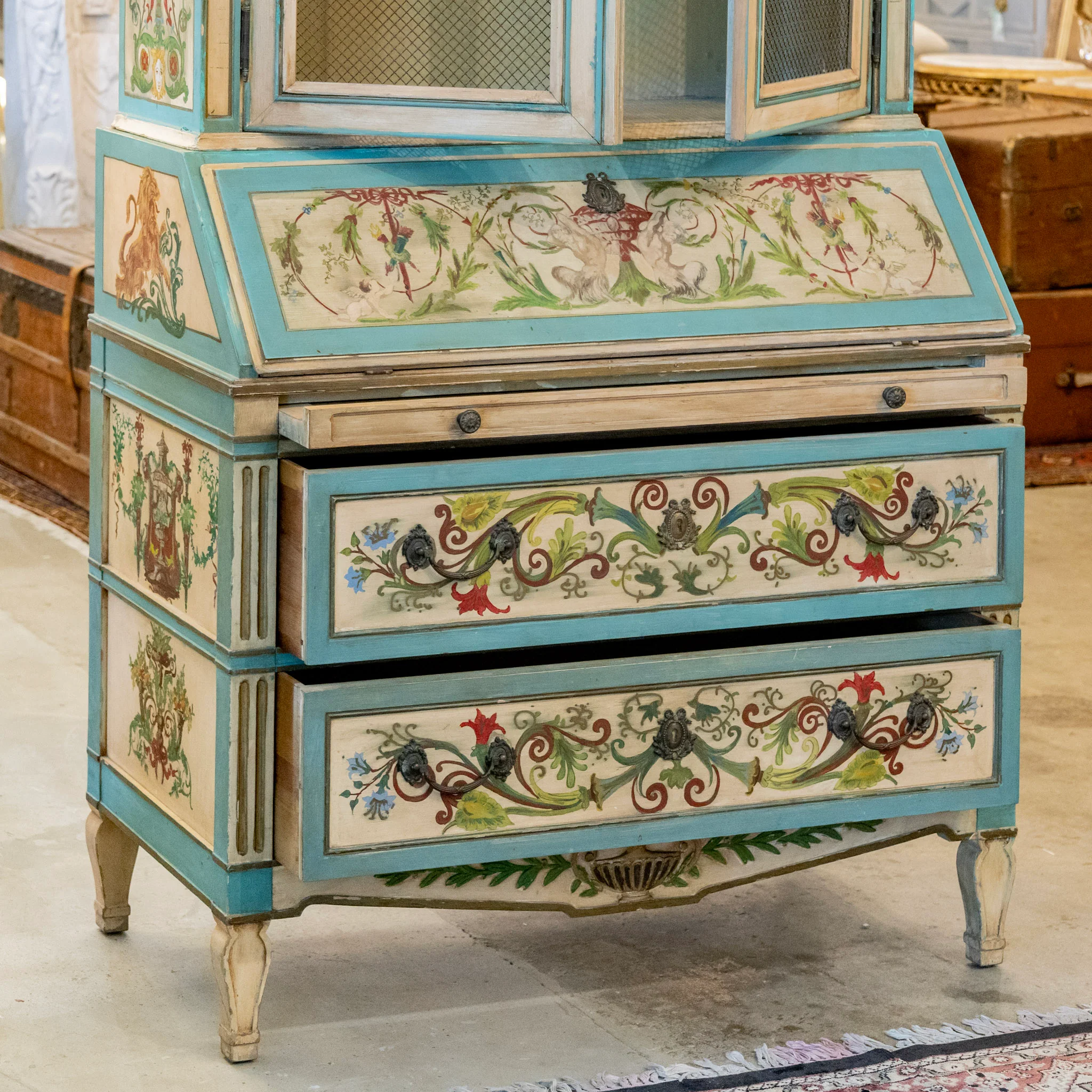Gustavian Secretary Desk – Turquoise with Painted Figures - Image 4