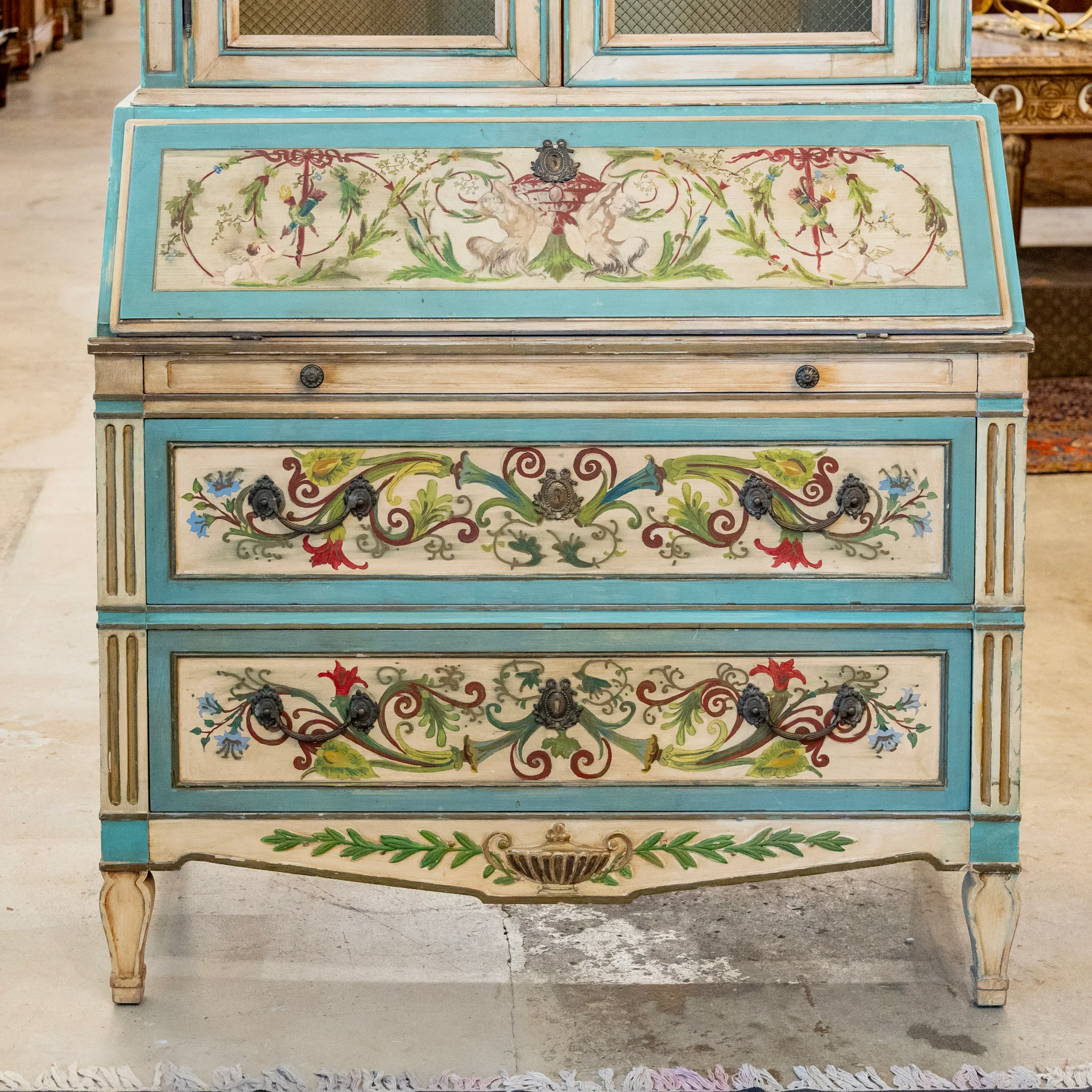 Gustavian Secretary Desk – Turquoise with Painted Figures - Image 7