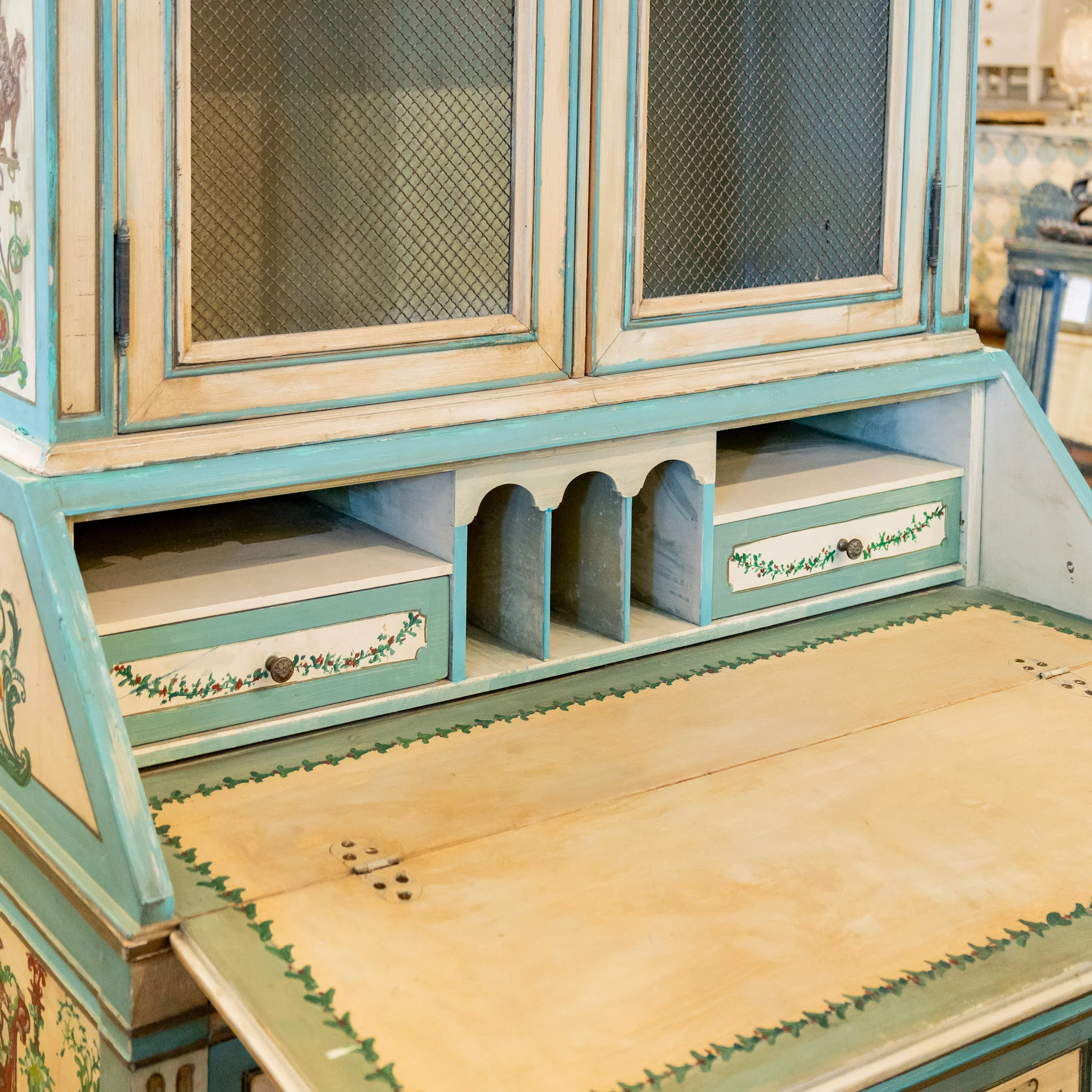 Gustavian Secretary Desk – Turquoise with Painted Figures - Image 9