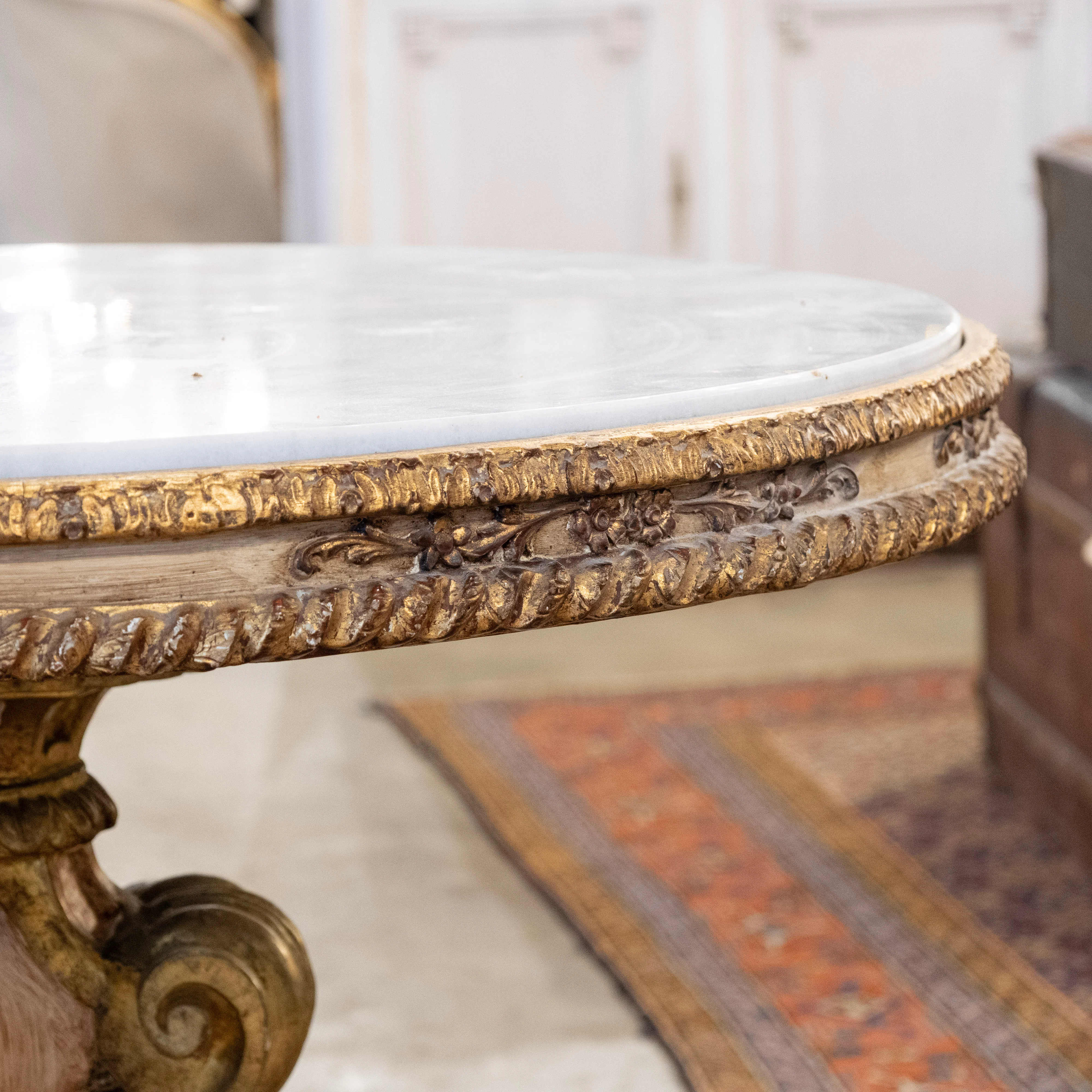 Italian Center Table – Painted & Carved Pedestal with White Marble Top - Image 7