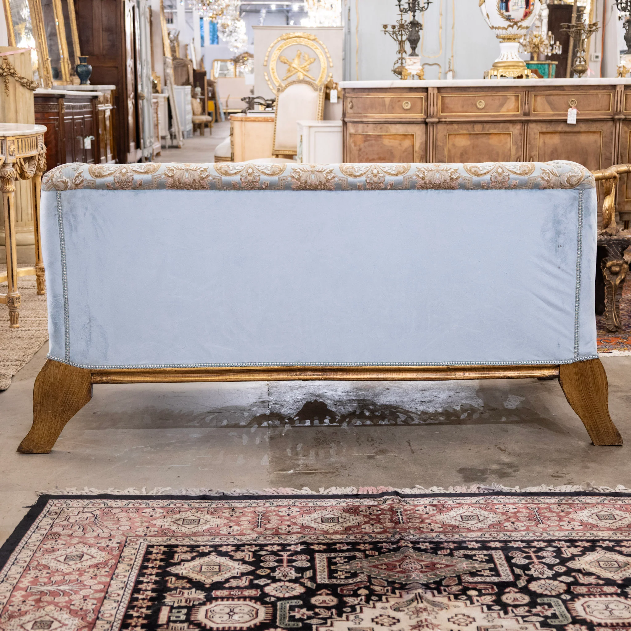 Italian Gilded Sofa – Carved Base & Blue Damask Upholstery - Image 6