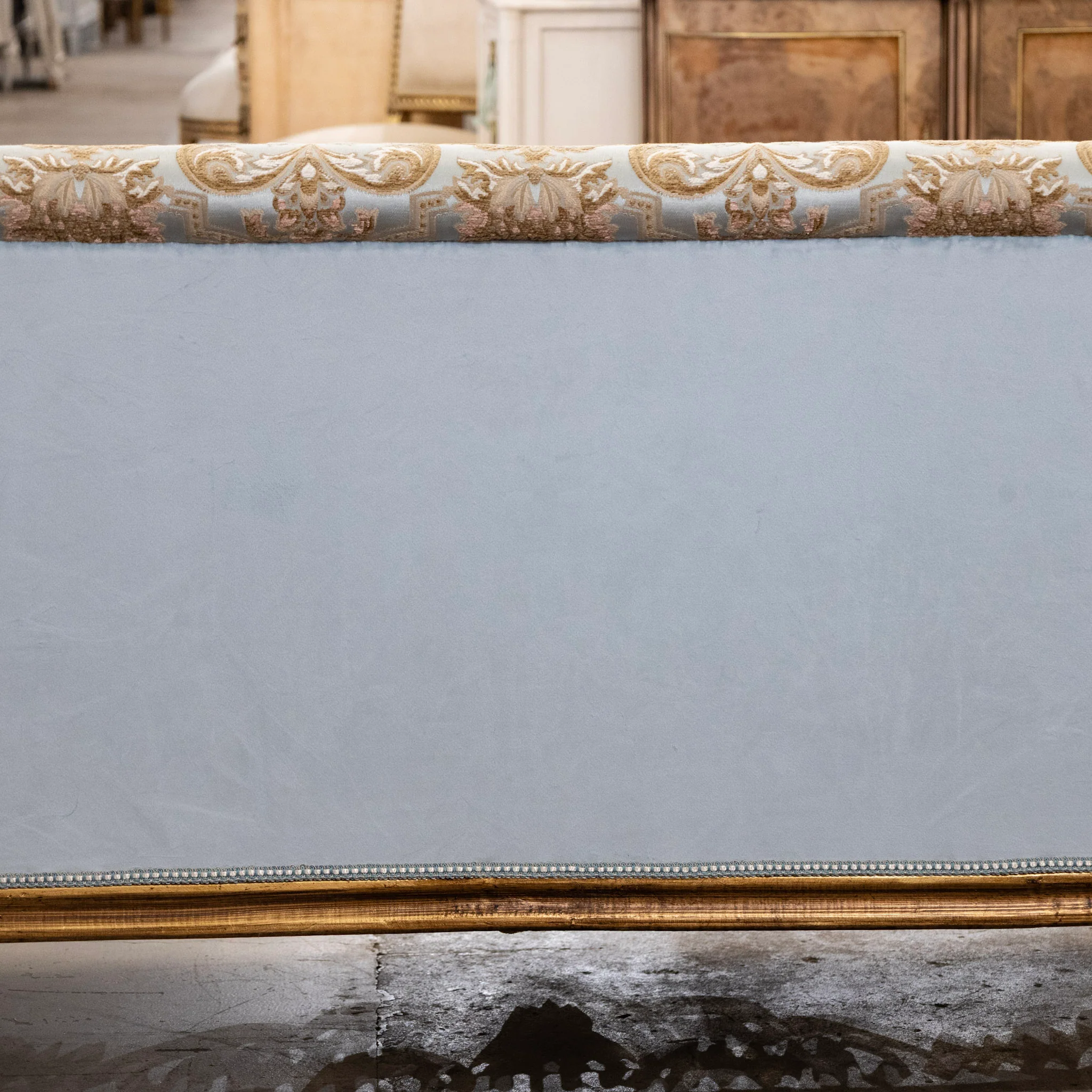 Italian Gilded Sofa – Carved Base & Blue Damask Upholstery - Image 7