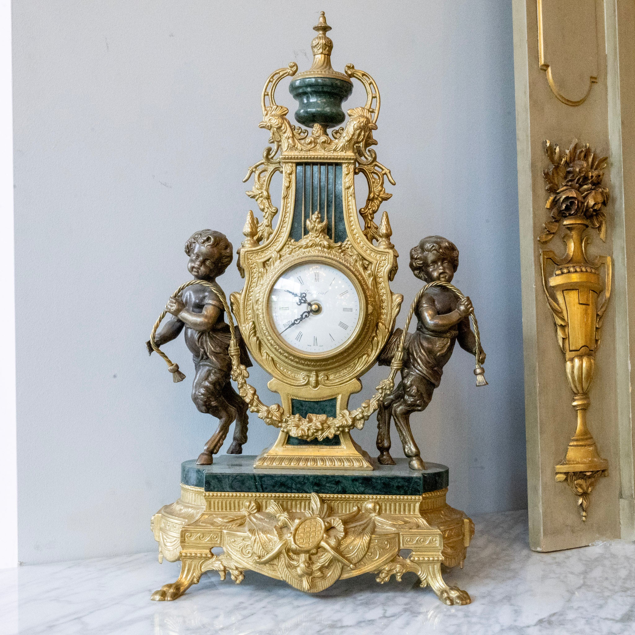 Italian 'Imperial' Clock and Lamp Set - Green Marble & Brass Cherubs - Image 12