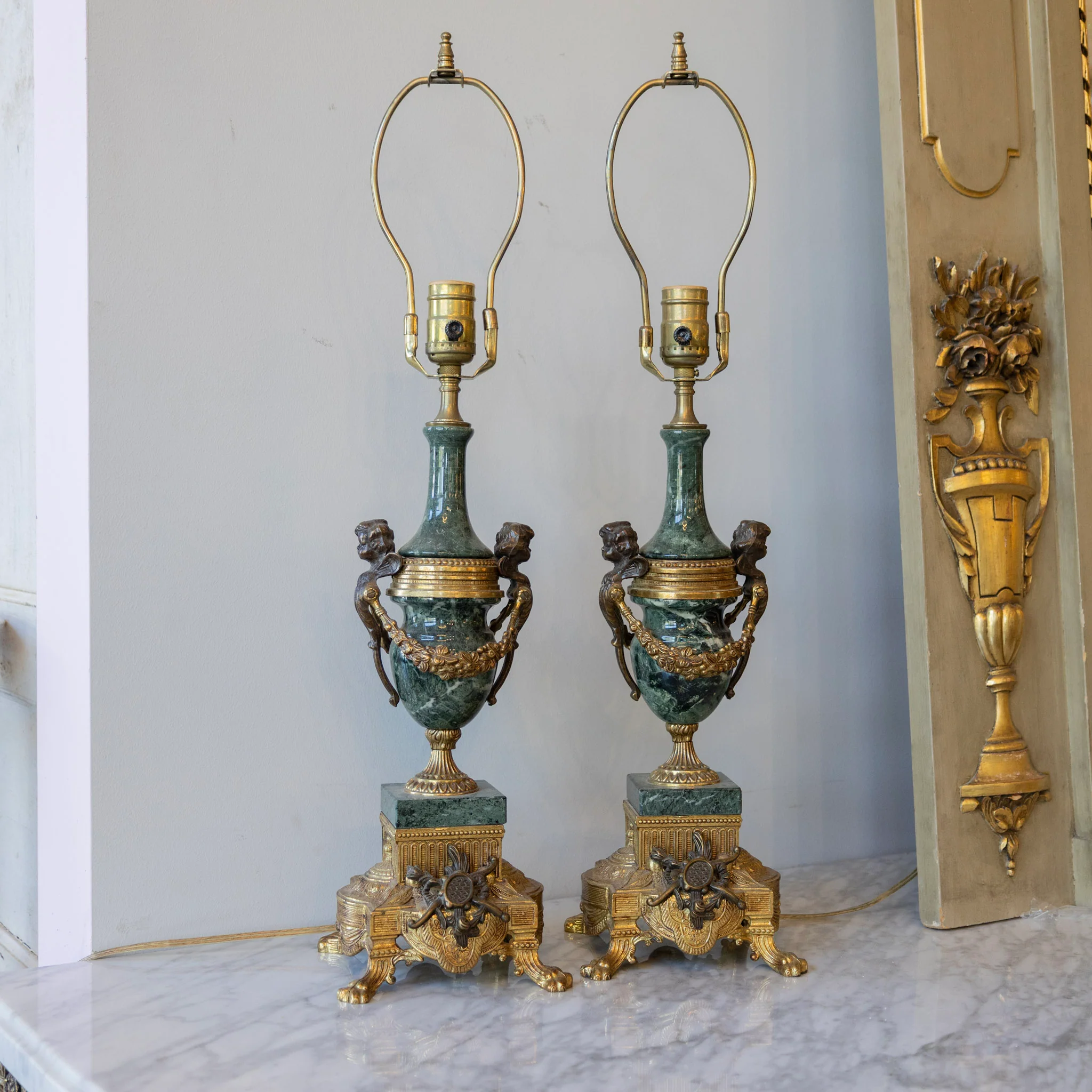 Italian 'Imperial' Clock and Lamp Set - Green Marble & Brass Cherubs - Image 18