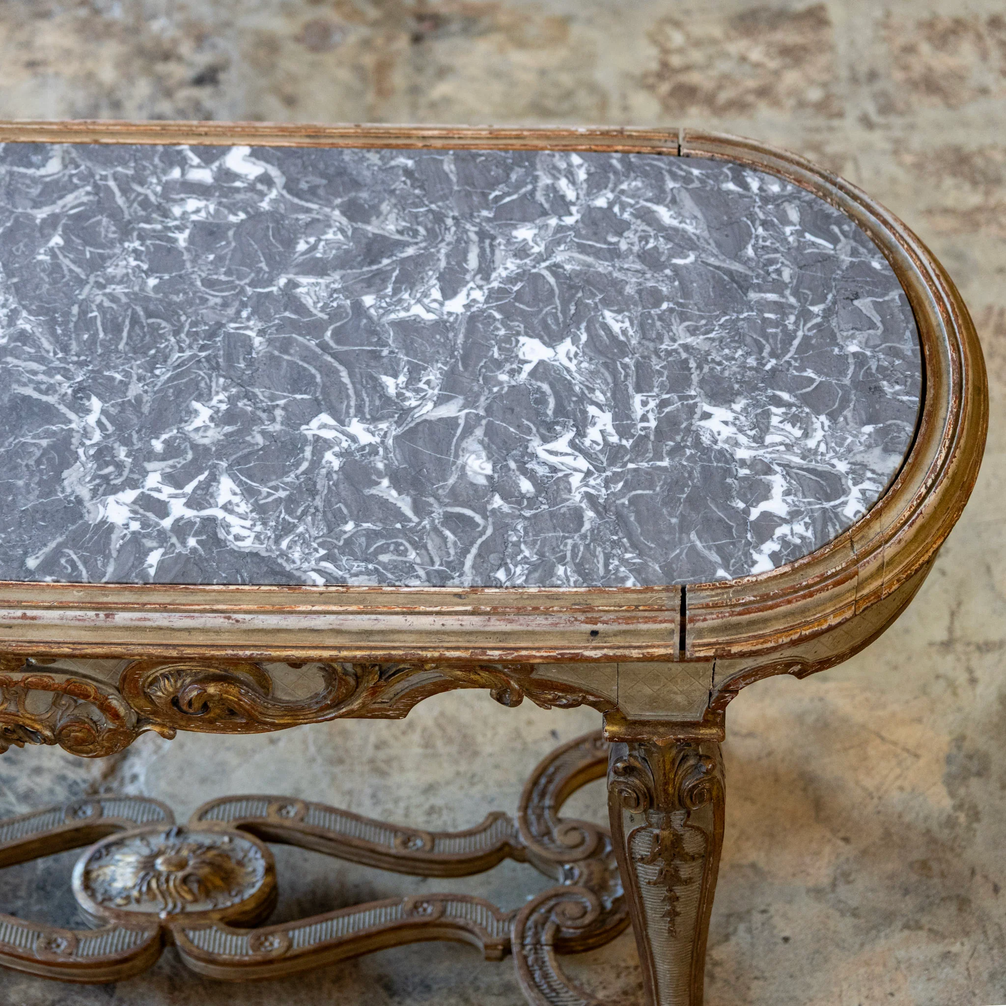 Italian Oval Coffee Table – Gilded Carvings & Gray Marble Top - Image 5