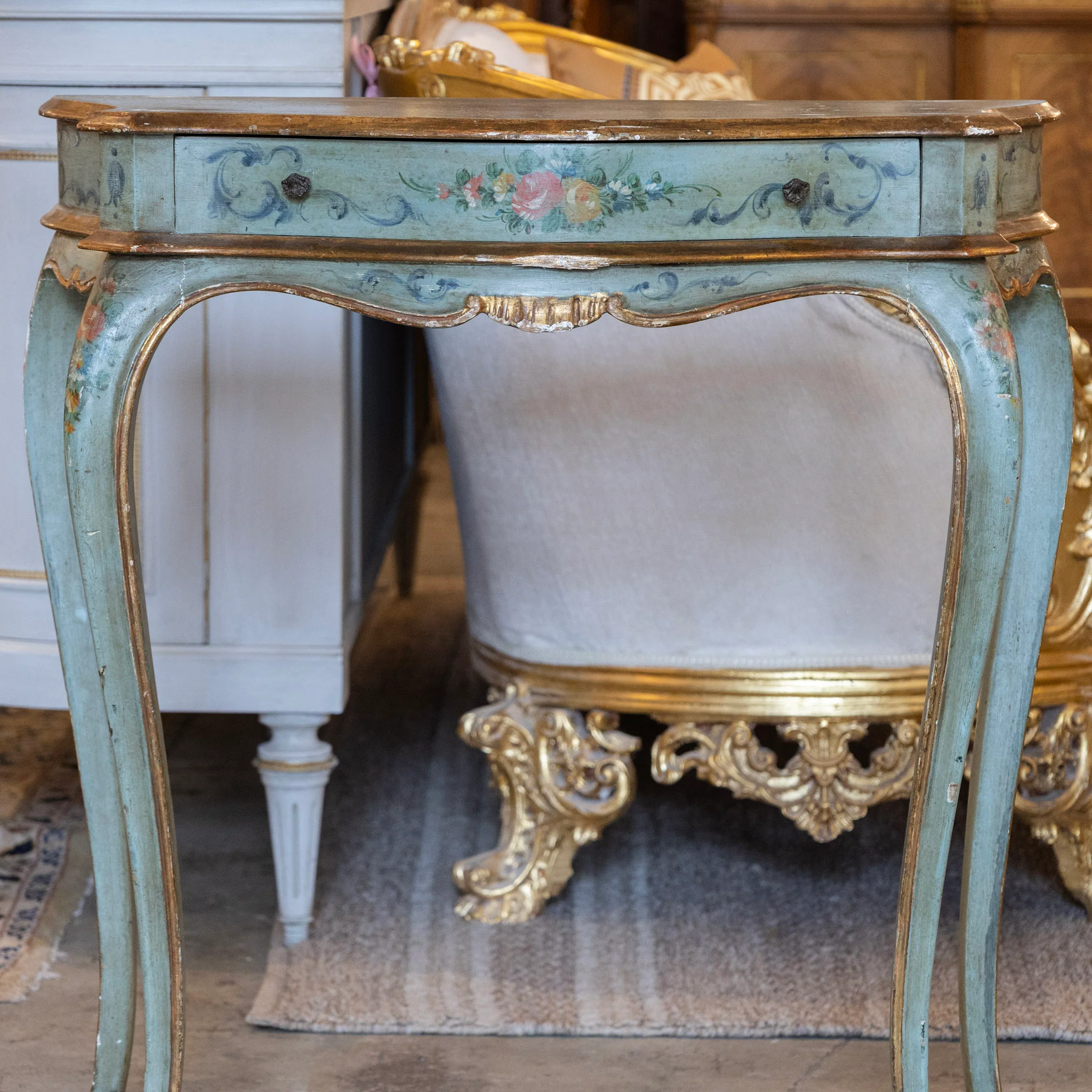 Italian Painted Console Table – Green with Floral Motifs & Gilded Accents - Image 3