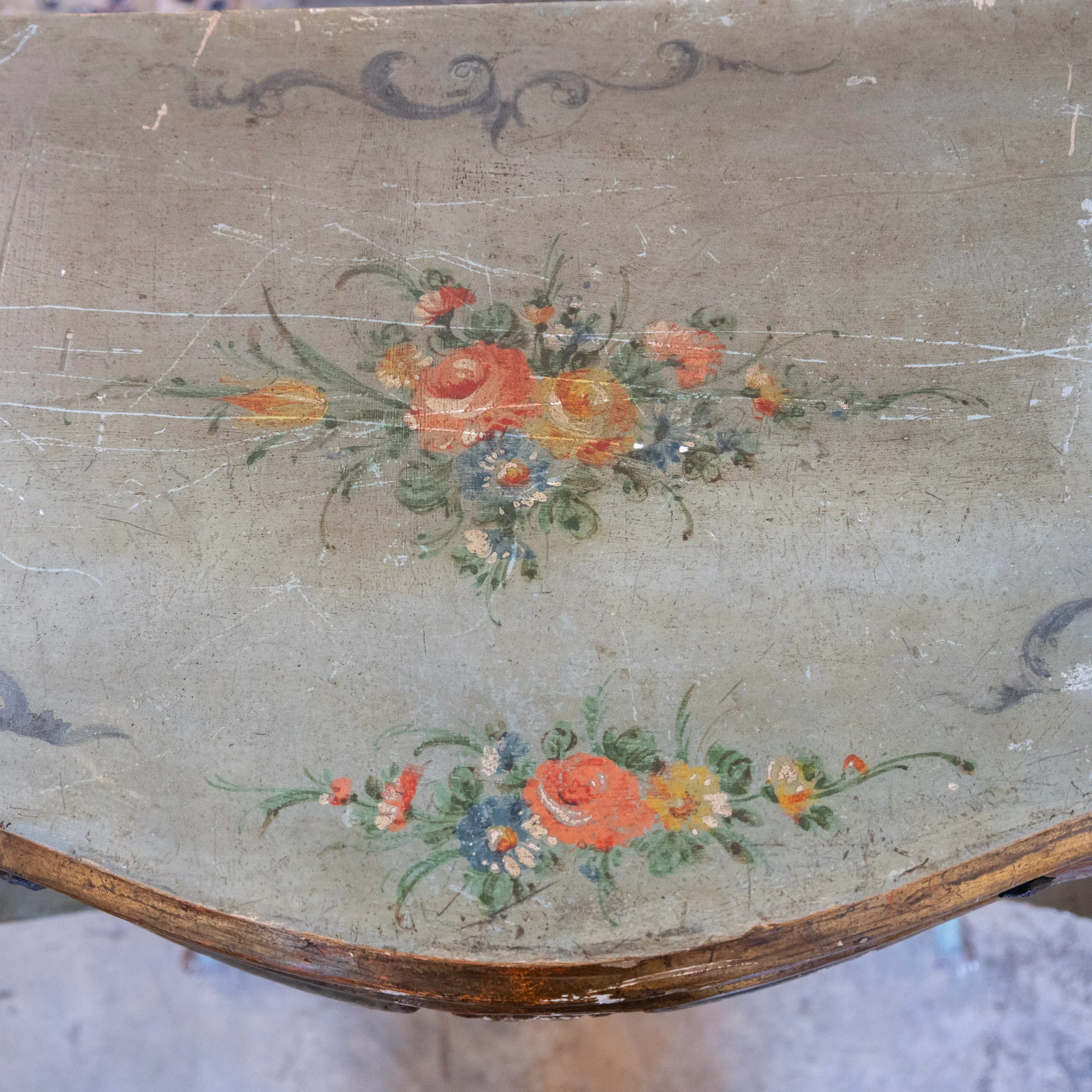 Italian Painted Console Table – Green with Floral Motifs & Gilded Accents - Image 7