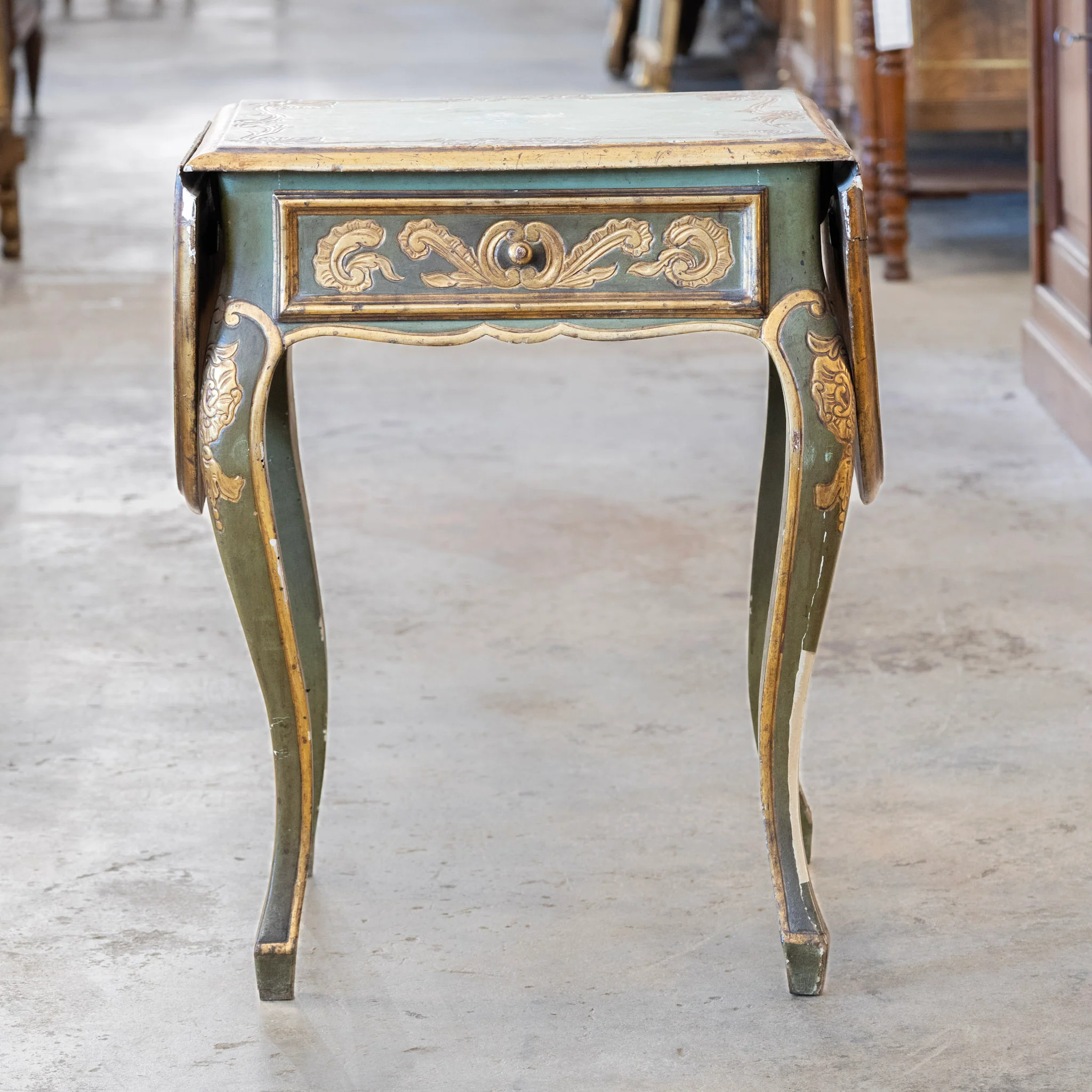 Italian Painted Green Accent Table – Drop-Leaf Sides with Gilded Accents - Image 3