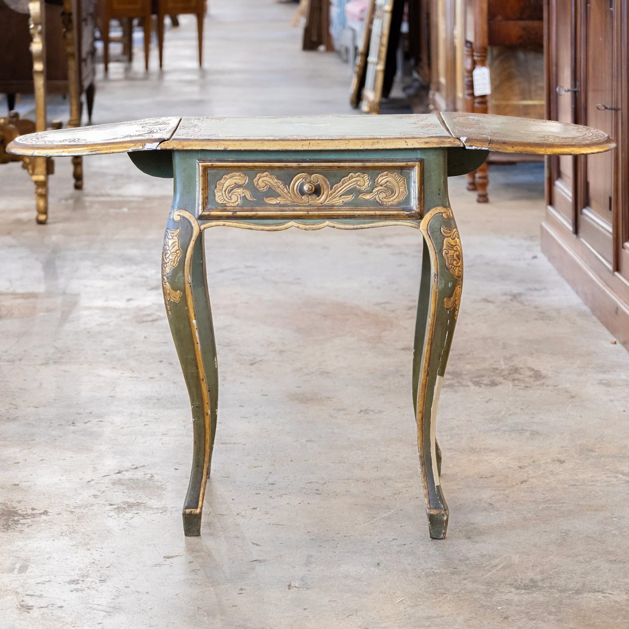Italian Painted Green Accent Table – Drop-Leaf Sides with Gilded Accents - Image 4