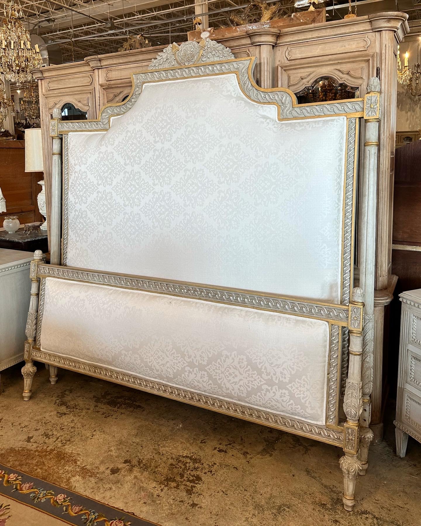 Louis XVI King Size Bed with White Damask Upholstery - Image 3