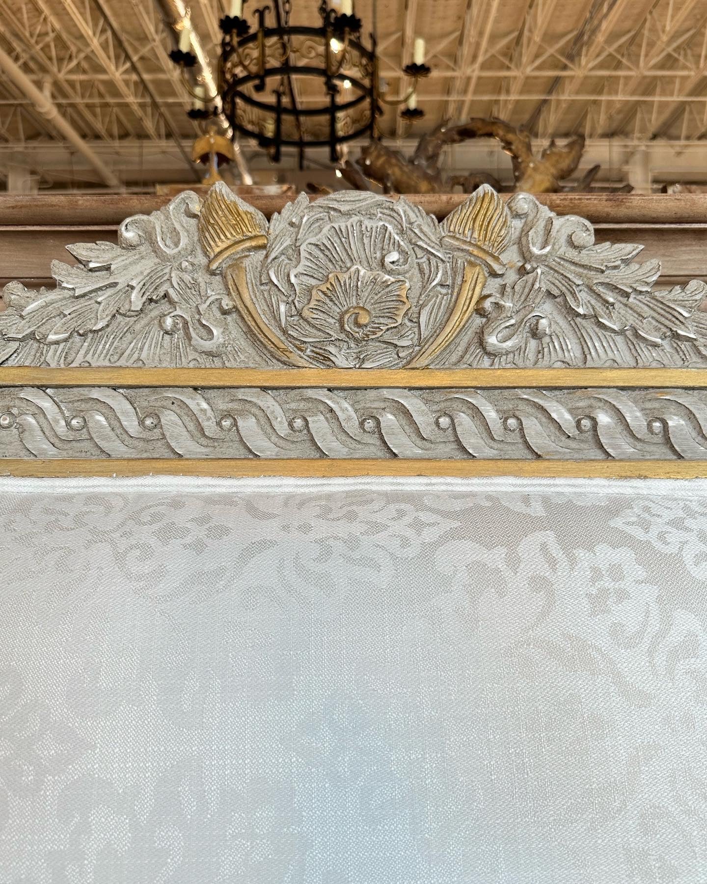 Louis XVI King Size Bed with White Damask Upholstery - Image 4