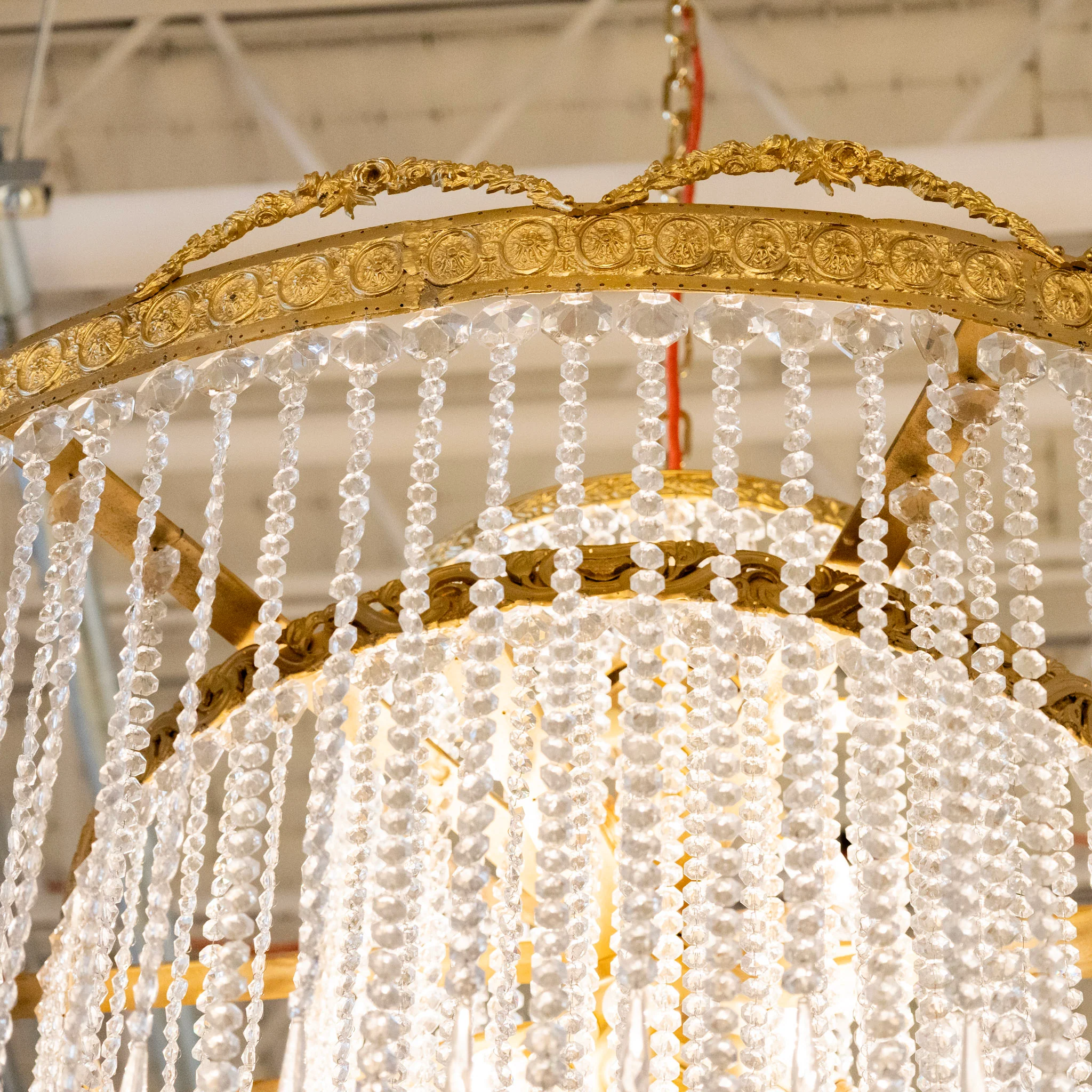 Grand French Triple Tiered Brass Chandelier – Beaded Crystal & Ornate Frame - Image 6