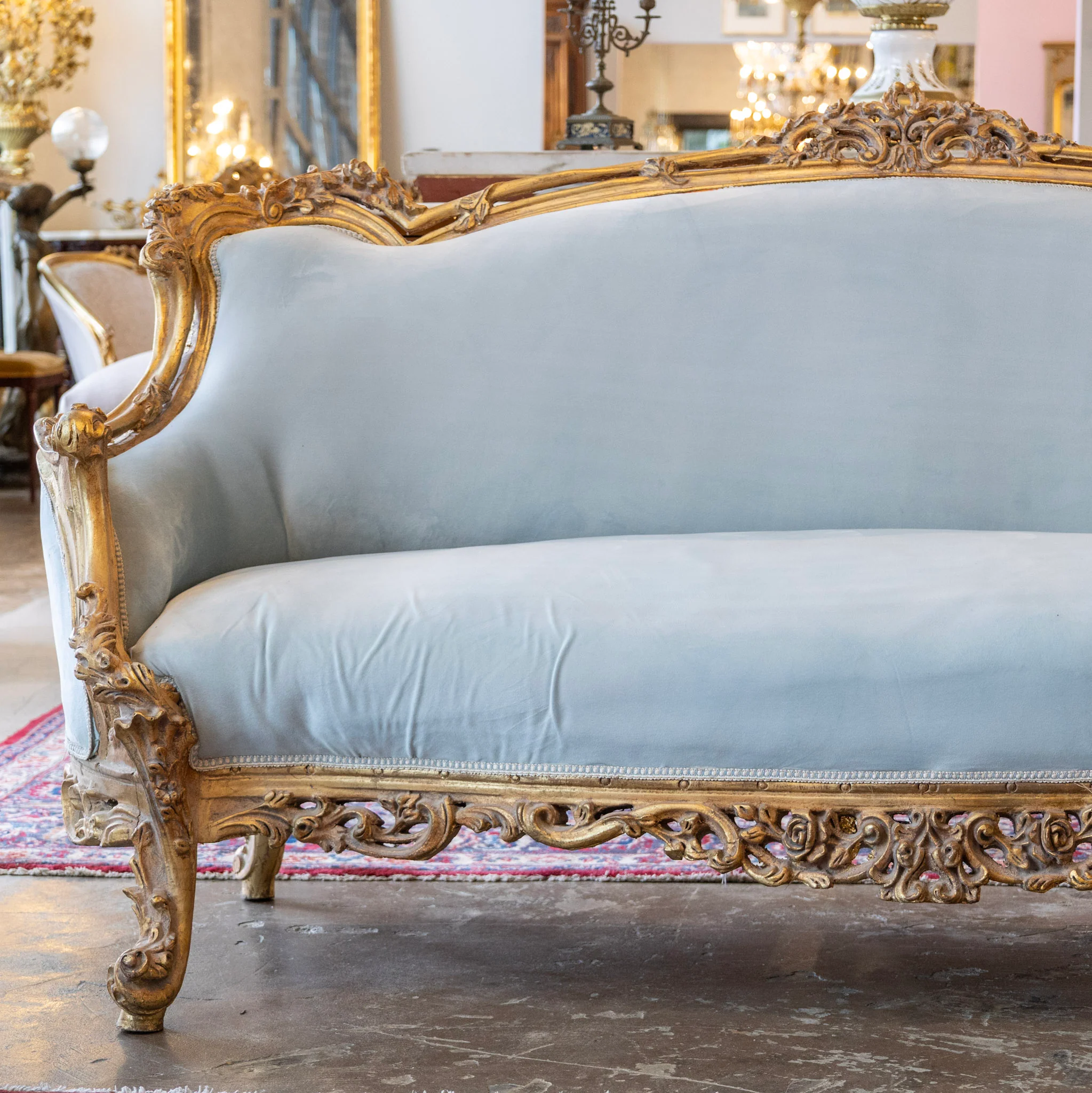 Louis Gilded XV Sofa – Baby Blue Velvet Upholstery - Image 3