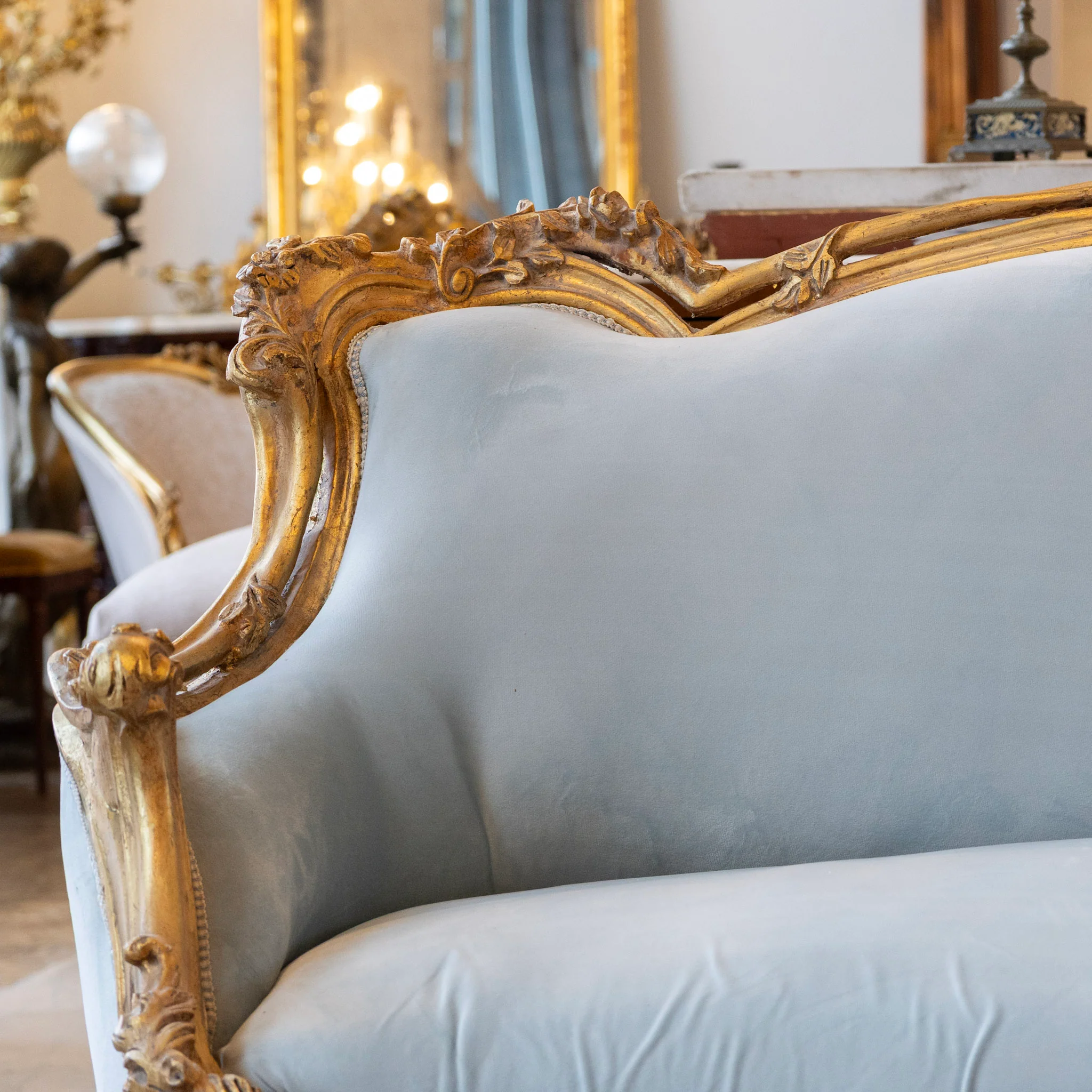 Louis Gilded XV Sofa – Baby Blue Velvet Upholstery - Image 4