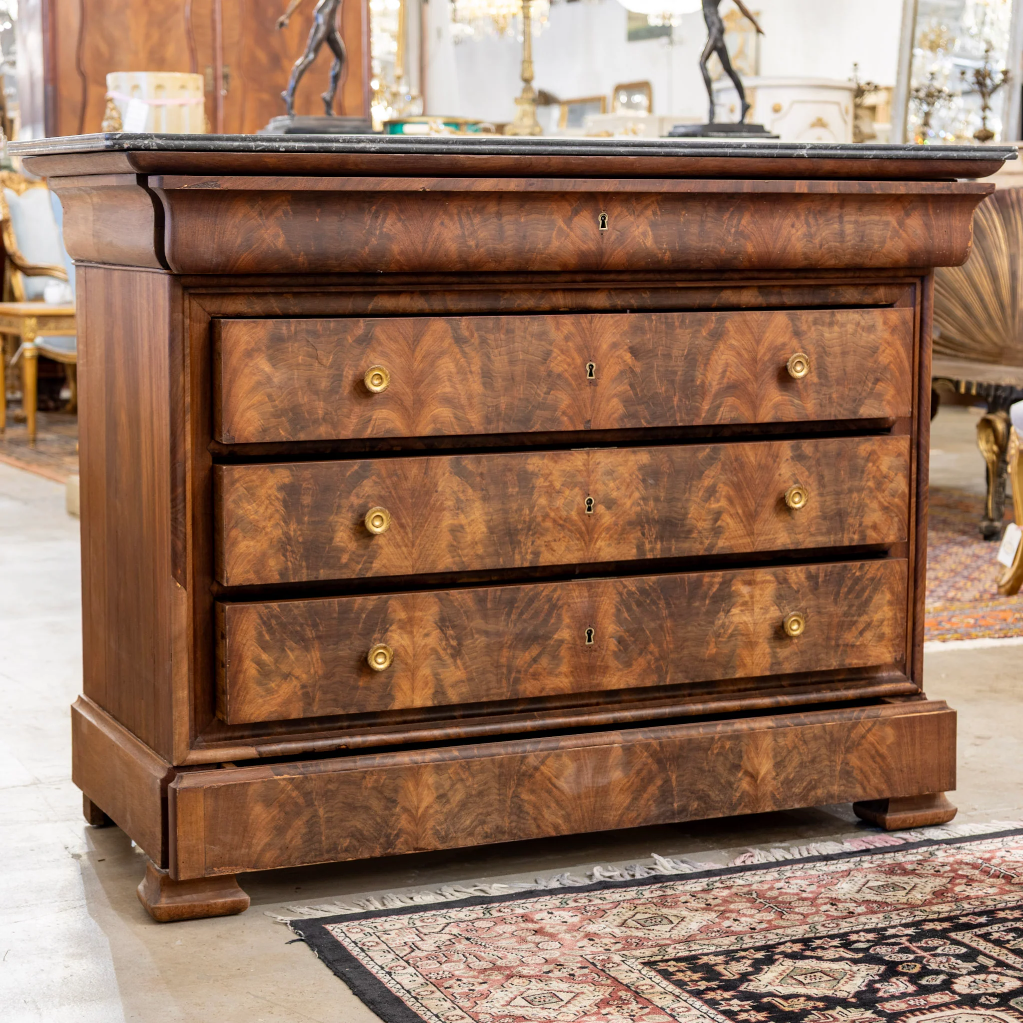 Louis Philippe Burl Wood Chest – Black Marble Top & Brass Hardware - Image 3