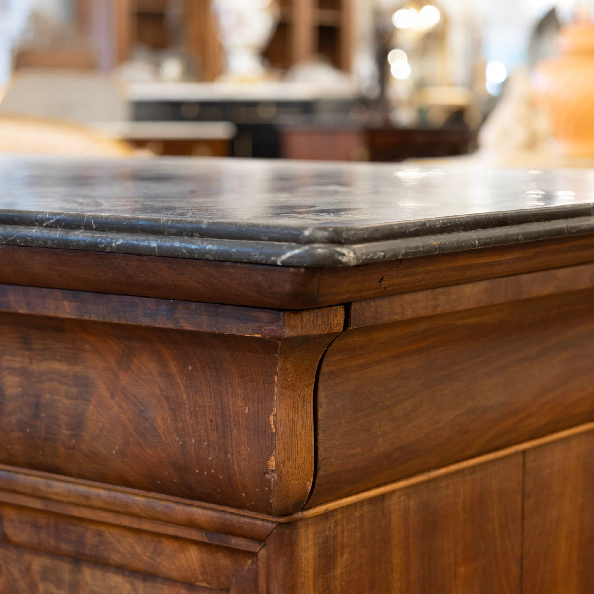 Louis Philippe Burl Wood Chest – Black Marble Top & Brass Hardware - Image 5