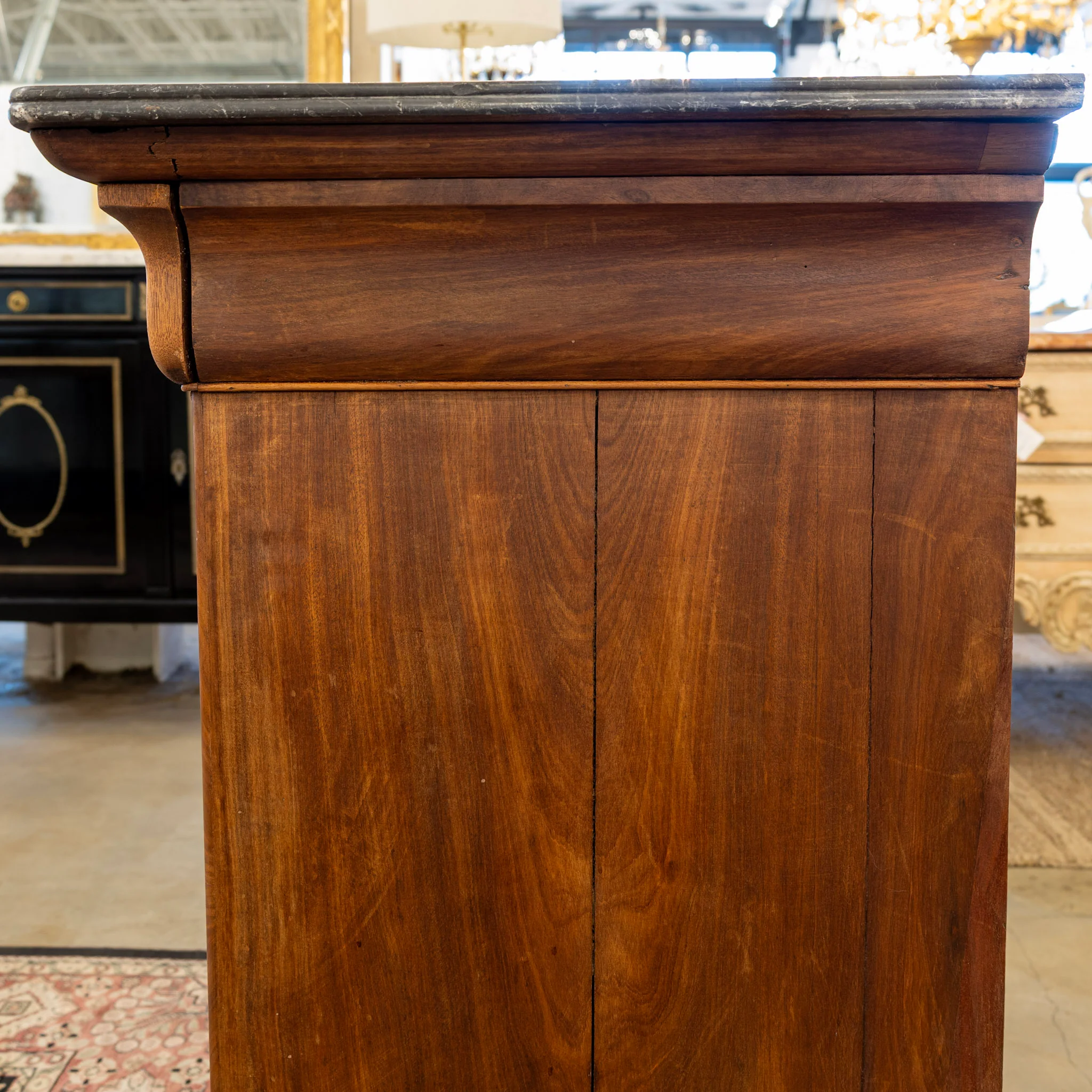 Louis Philippe Burl Wood Chest – Black Marble Top & Brass Hardware - Image 6