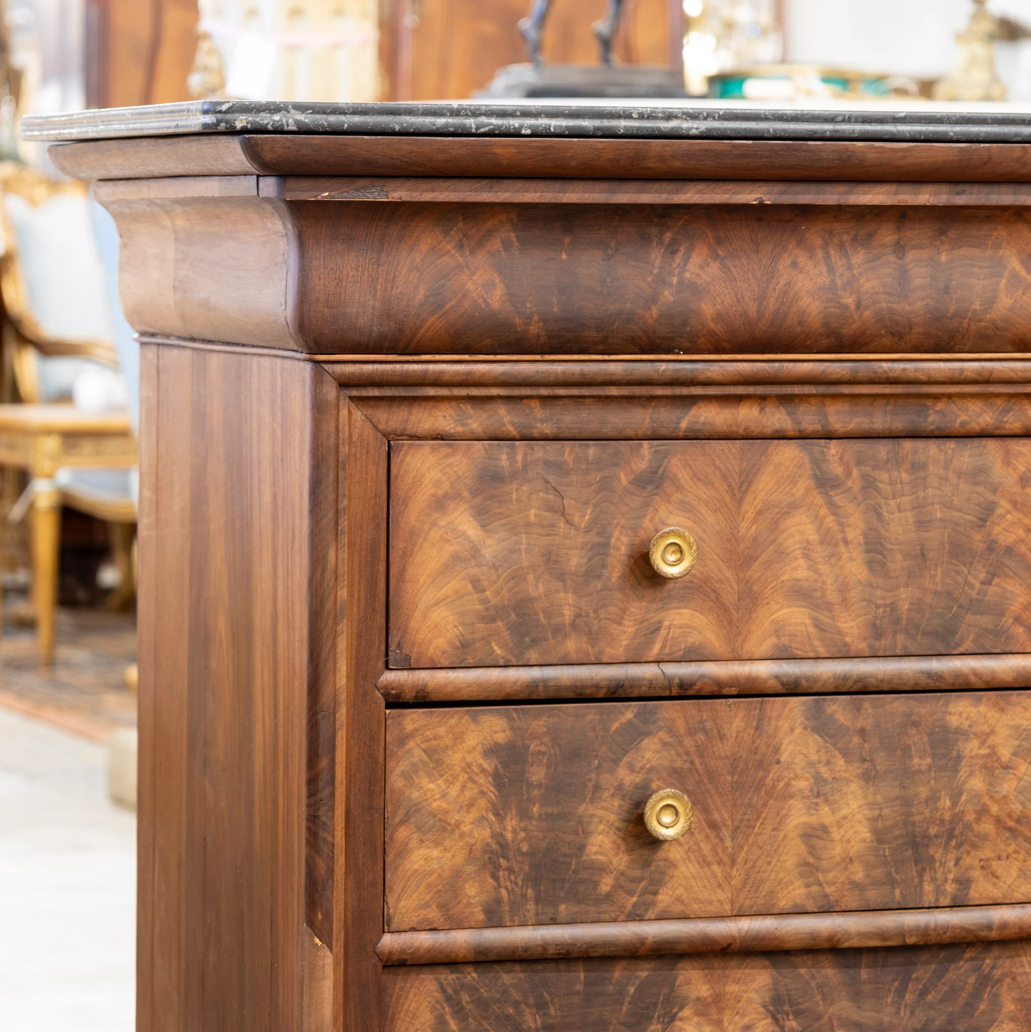 Louis Philippe Burl Wood Chest – Black Marble Top & Brass Hardware - Image 8