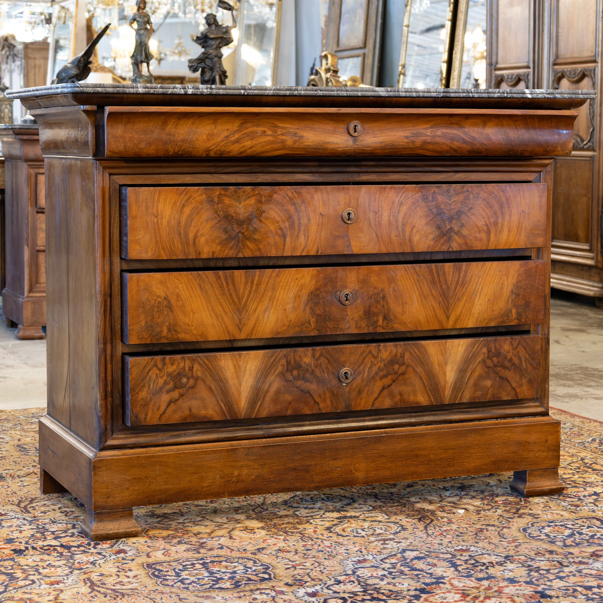 Louis Philippe Burl Wood Chest – Black Marble Top & Keyhole Detail - Image 3