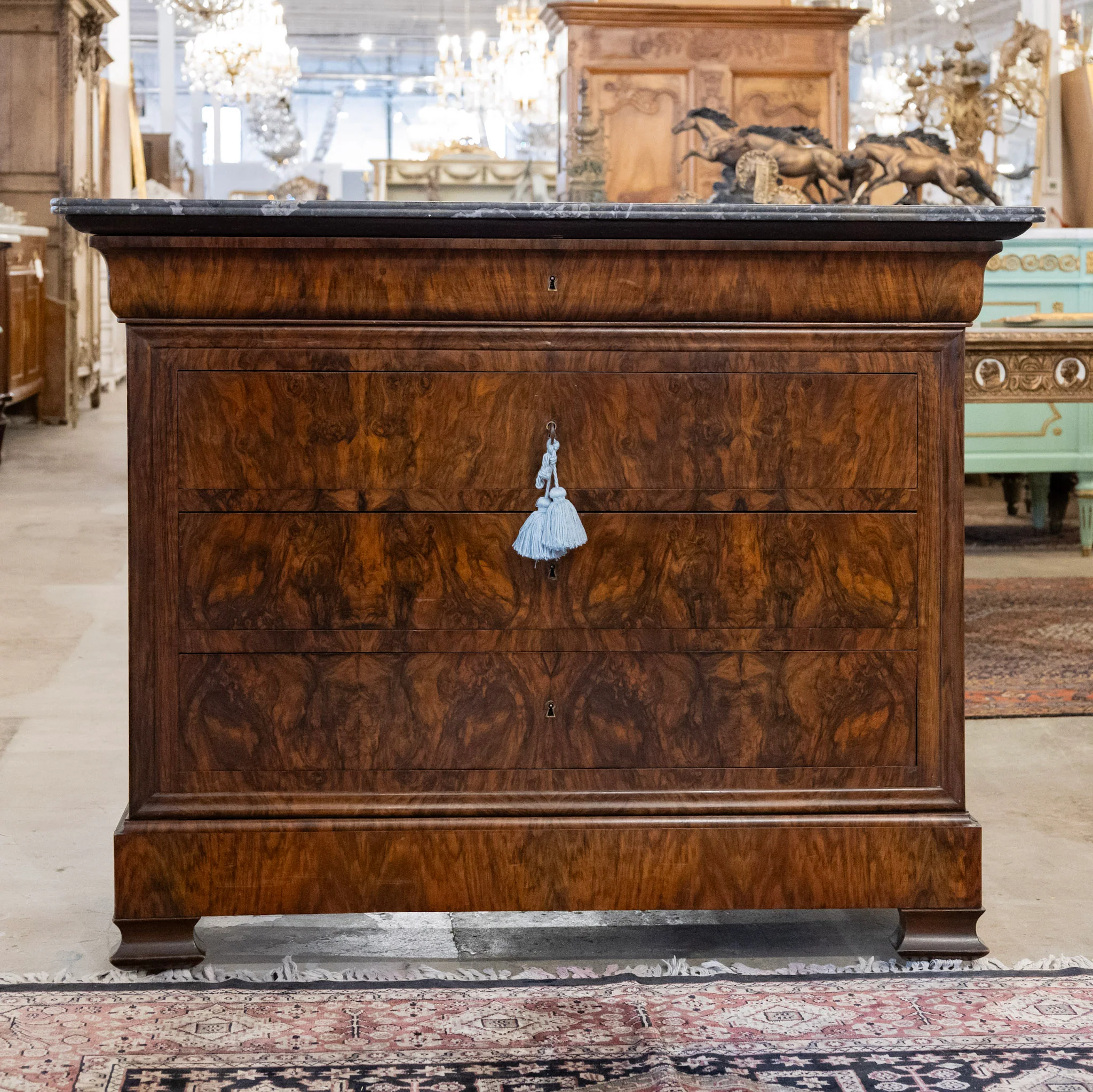 Louis Philippe Burl Wood Chest – Black Marble Top & Keyhole Drawers