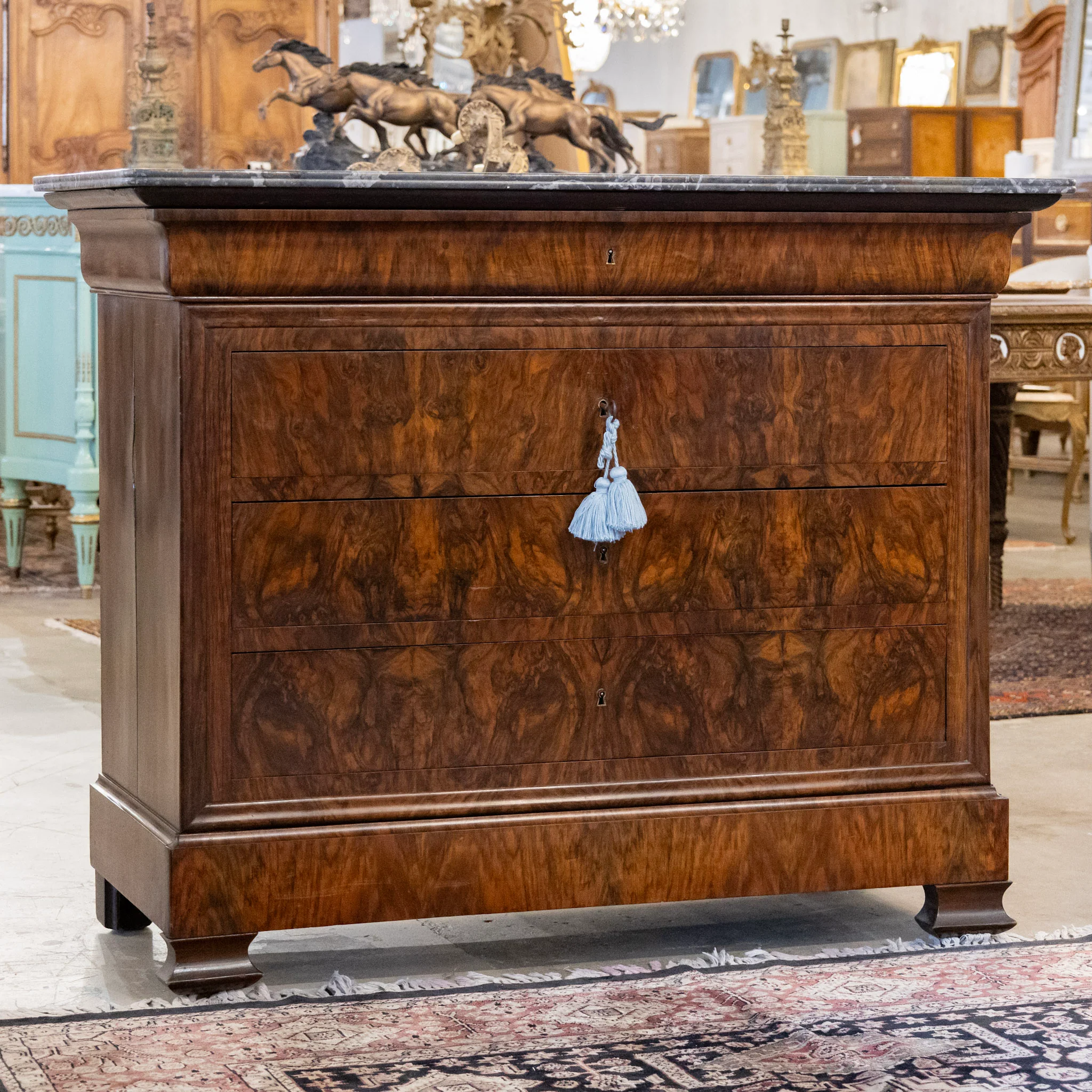 Louis Philippe Burl Wood Chest – Black Marble Top & Keyhole Drawers - Image 2