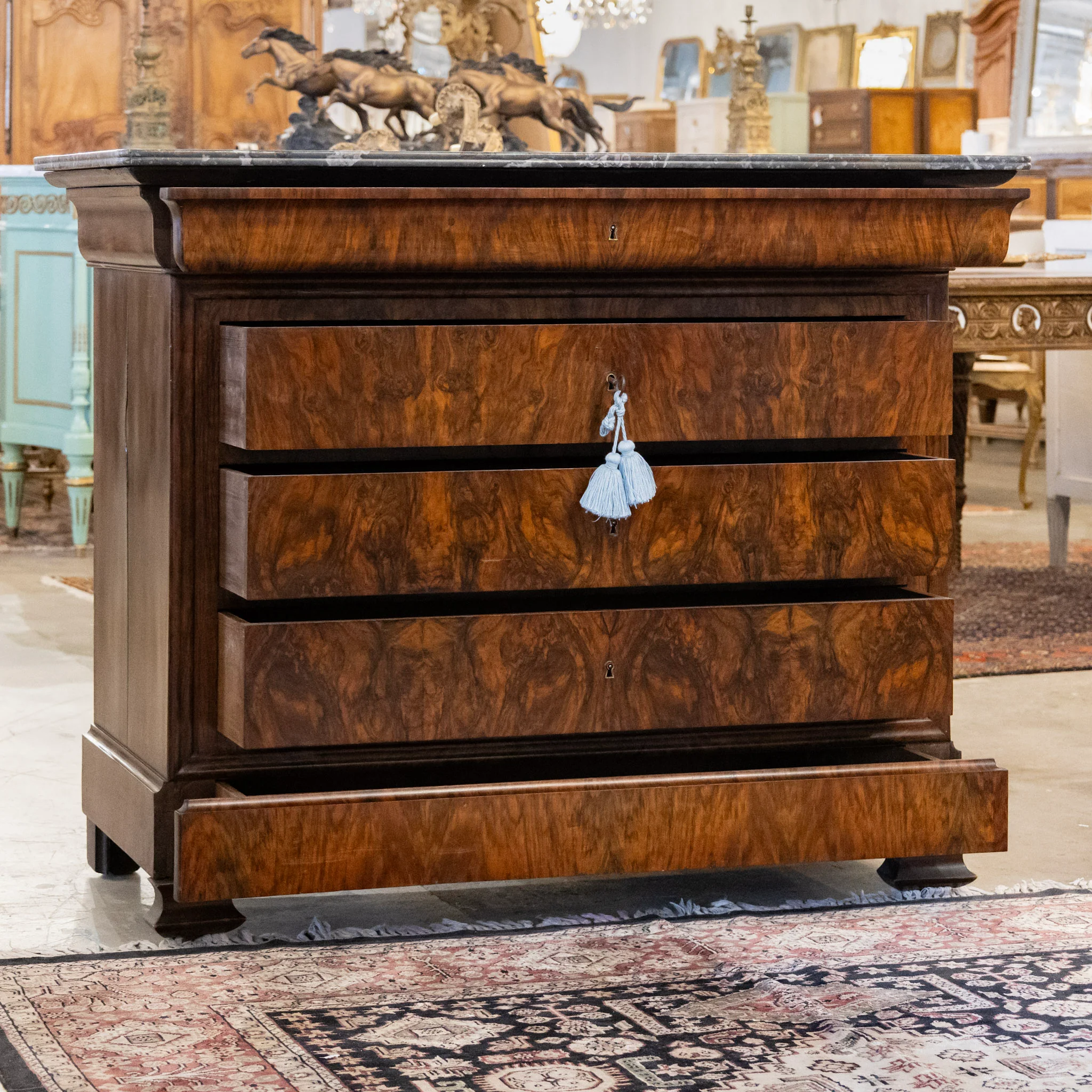Louis Philippe Burl Wood Chest – Black Marble Top & Keyhole Drawers - Image 3