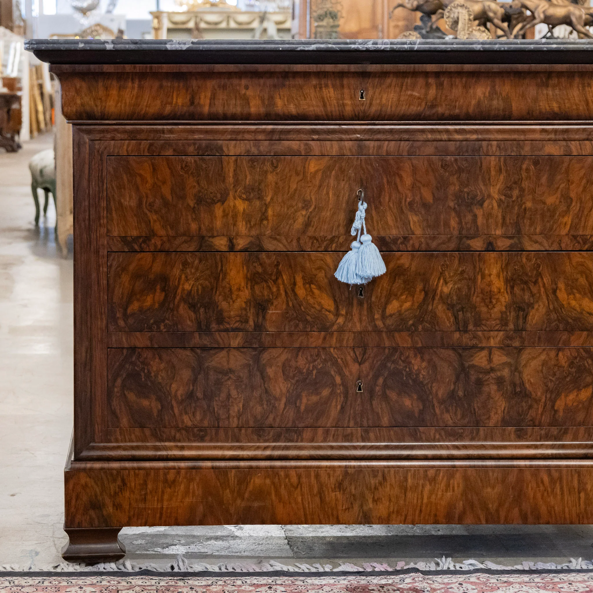 Louis Philippe Burl Wood Chest – Black Marble Top & Keyhole Drawers - Image 4