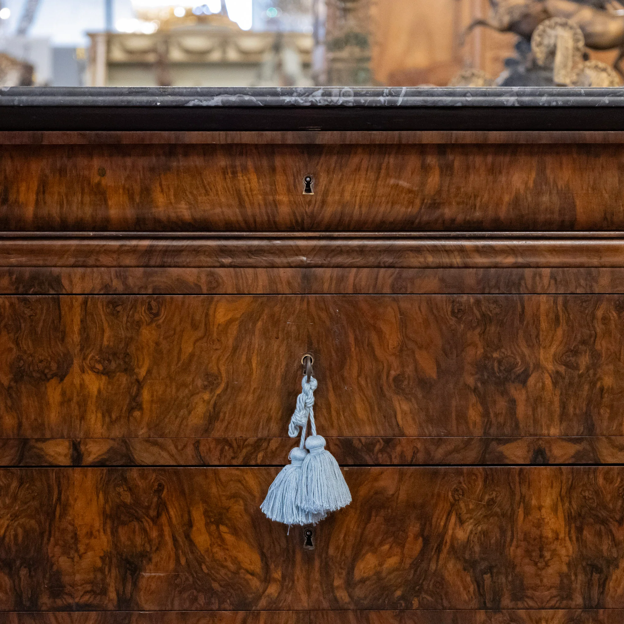 Louis Philippe Burl Wood Chest – Black Marble Top & Keyhole Drawers - Image 5
