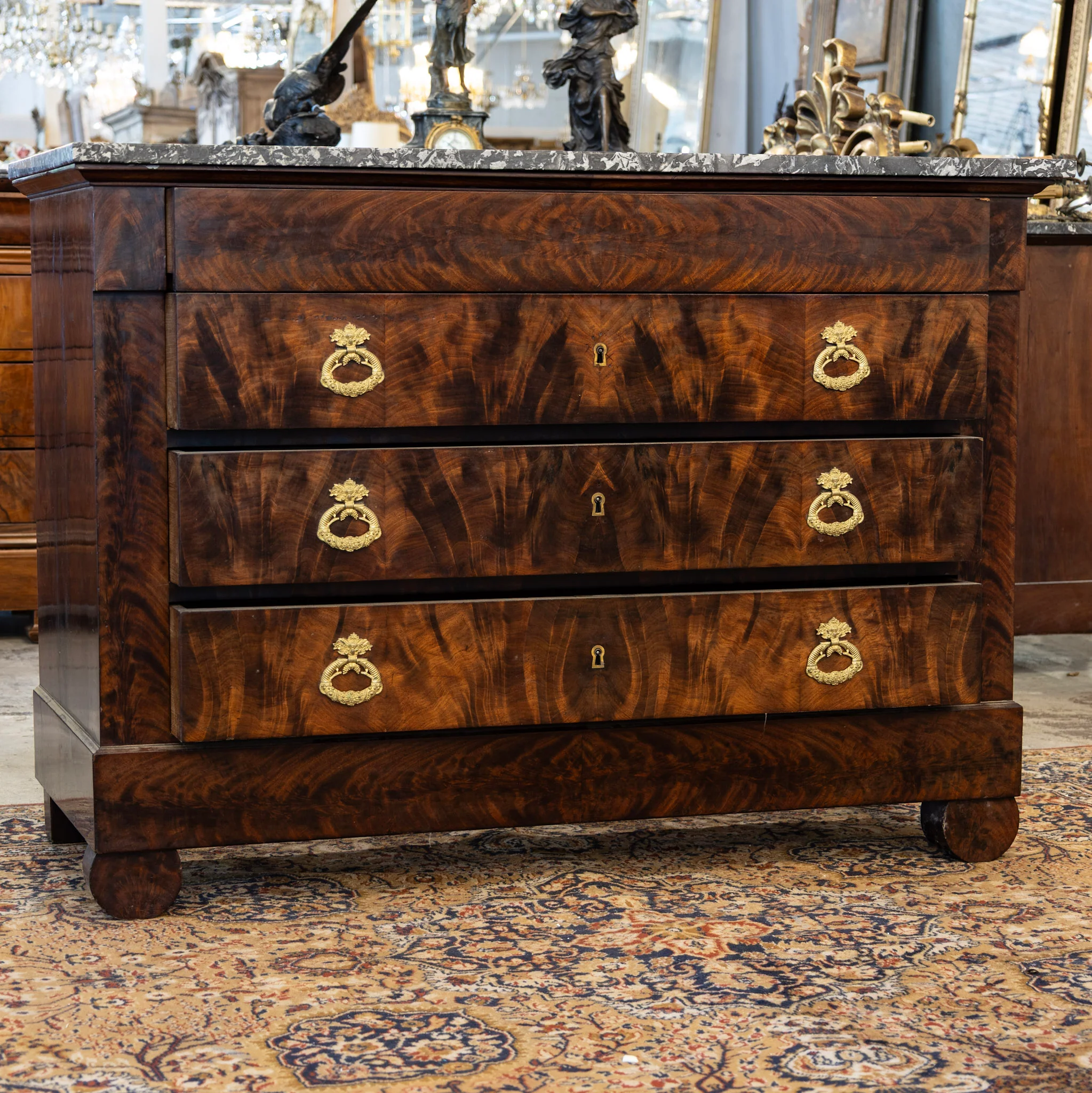 Louis Philippe Burl Wood Chest – Black Marble Top & Ornate Brass Pulls - Image 3